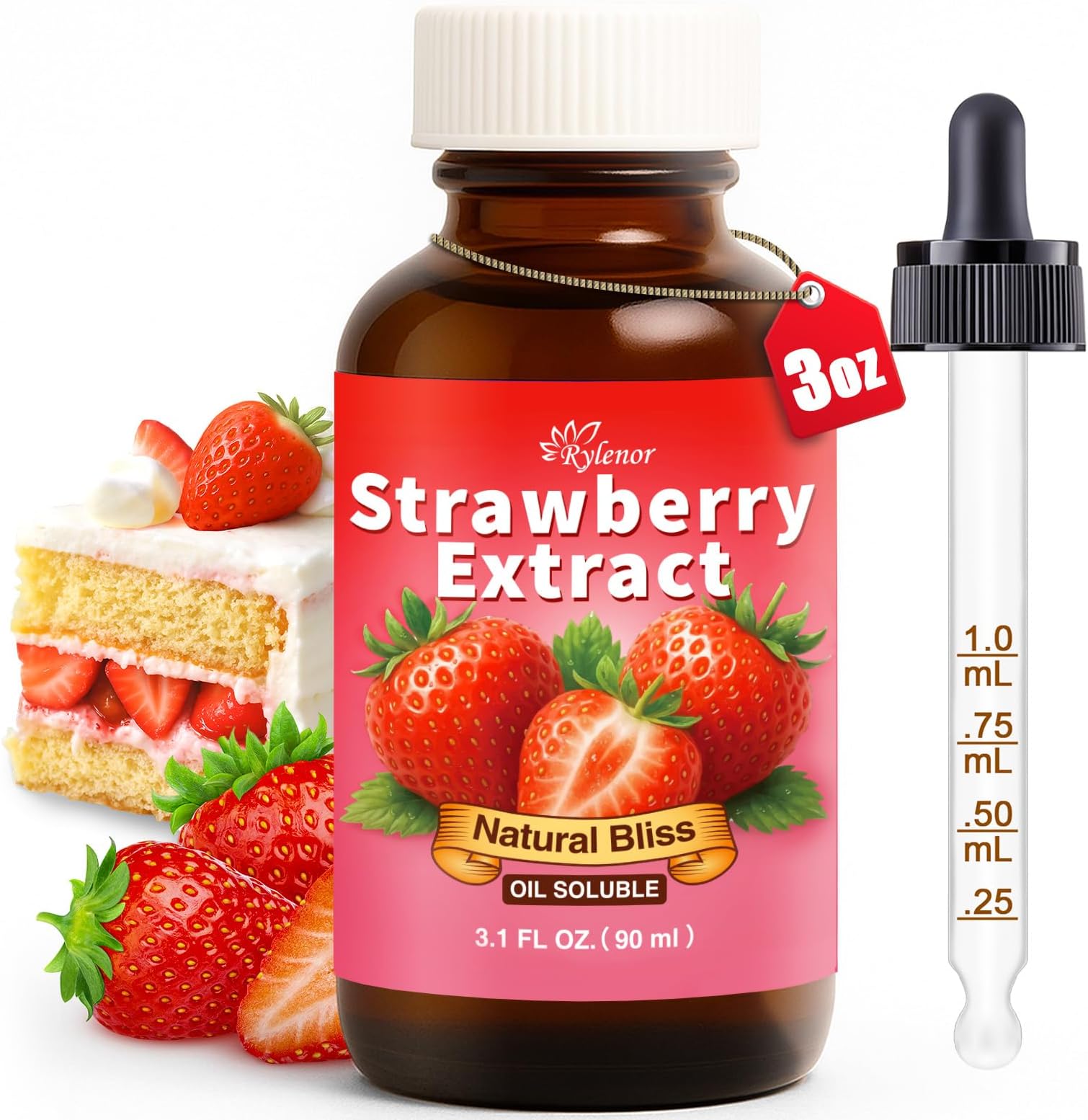 - Rylenor 3 Oz Natural Strawberry Extract for Baking, Pudding Cupcakes & Ice Cream, Oil-Soluble Sugar-Free Pure Strawberry Extract for Drinks, Coffee, Lattes, Includes Measured Dropper