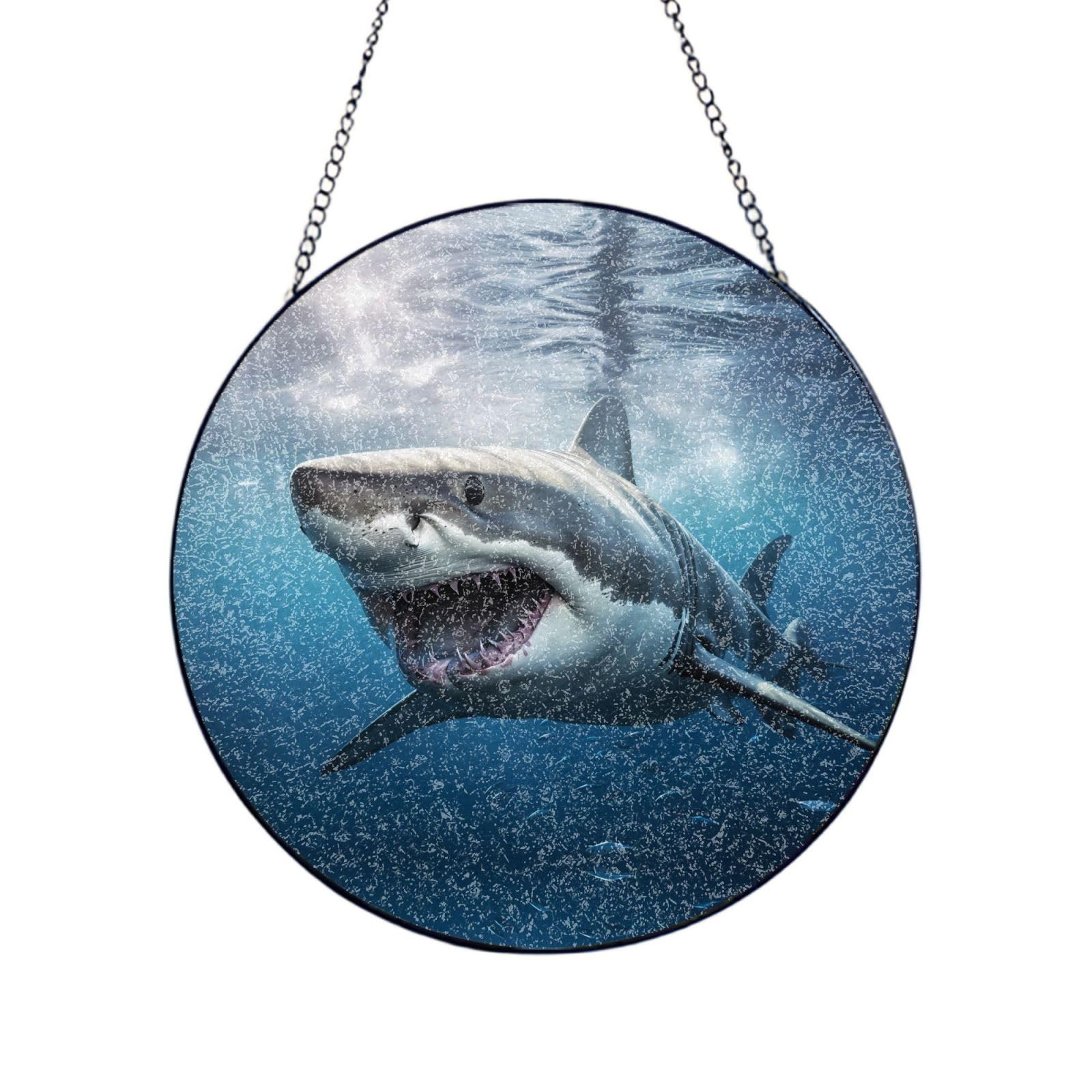 Phayah Great White Shark Print Stained Glass Window Hanging Suncatcher For Door Terrace Garden Home Decor Sun Catcher Birthday Gifts For Lovers Dad Mom 10in（25cm）