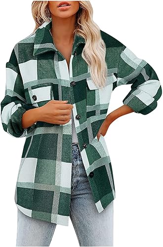 Chaqueta de manga larga para mujer, abrigo a cuadros con solapa y botones, cárdigan frontal abierto, con bolsillo, de lana