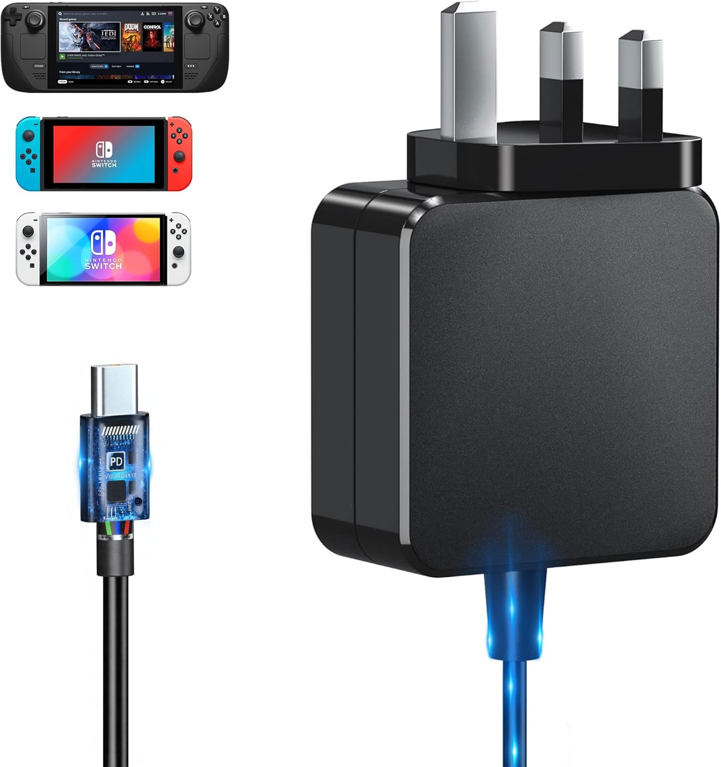 Charger for Switch/Steam Deck/Switch Lite/OLED, 45W Switch Adapter 2 Hour Fully Charged 15V/3A,15V/2.6A GaN Charger for Steam Deck/Switch/Switch Dock/Switch Pro Controller, Support TV Mode(6FT Cable)