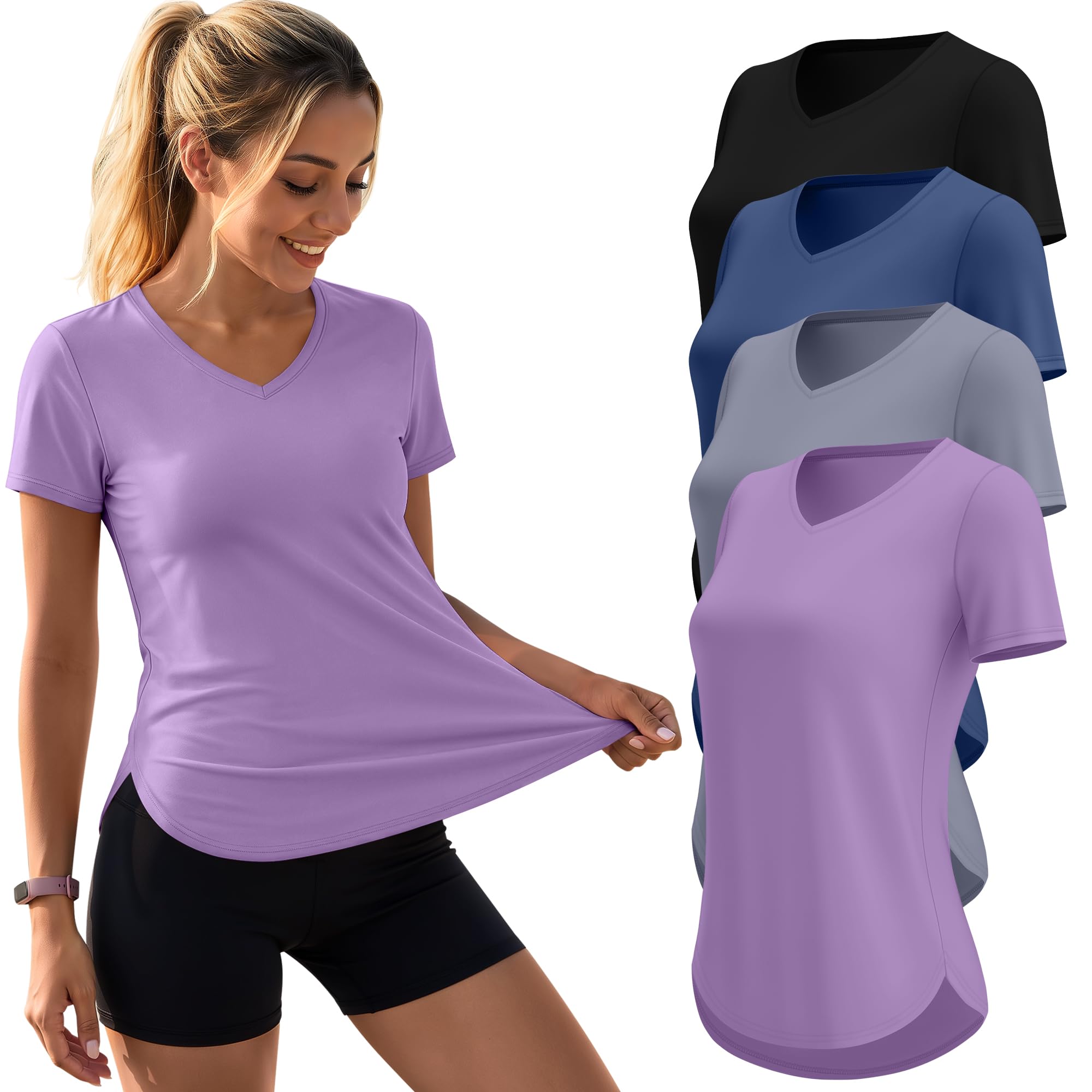 Photo 1 of Oakgarden 4 Pack Women's Workout Tops Quick Dry UPF 50+ Exercise V Neck UV Lightweight Gym Side Slits Curved Hem Shirts(XX-Large,Black, Blue, Gray, Purple)