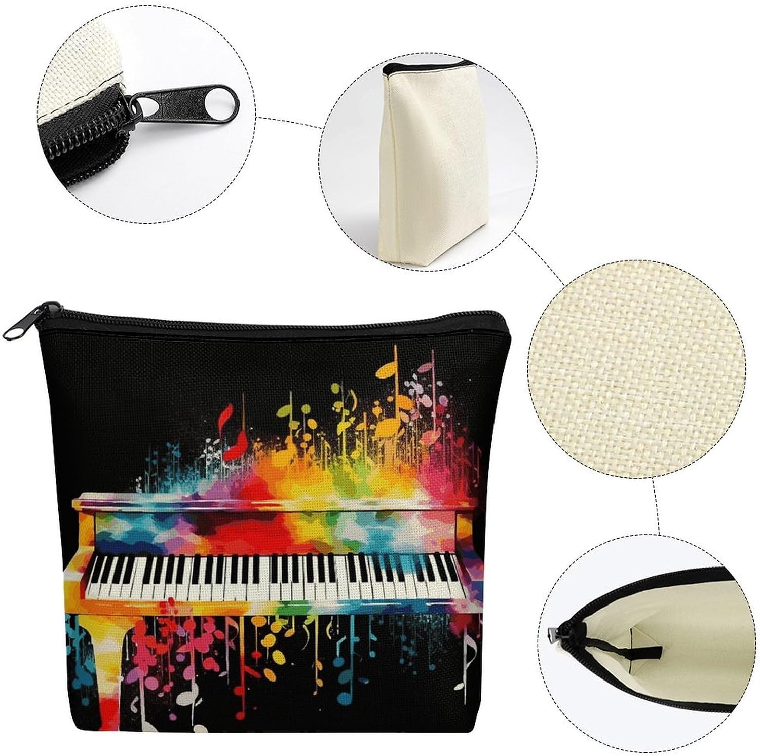 Colorful Piano Keyboard Music Note Linen Cosmetic Bag Portable Multi-Purpose Makeup Pouch with Zipper Durable Travel Toiletry Storage Organizer Daily Carry Pouch for Cosmetics And Small Items image 3