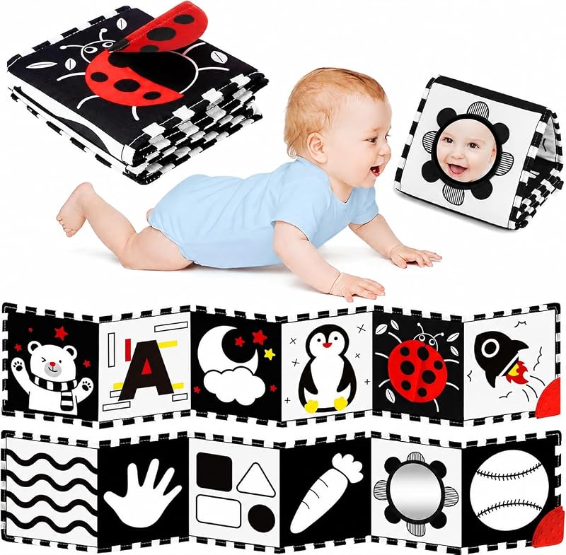 BBWOO Juguetes para bebés de alto contraste para recién nacidos, espejo boca abajo | Juguete para bebé en blanco y negro de 0 a 6 meses, libro infantil de estimulación visual Montessori suave, regalo de ducha para niño y niña