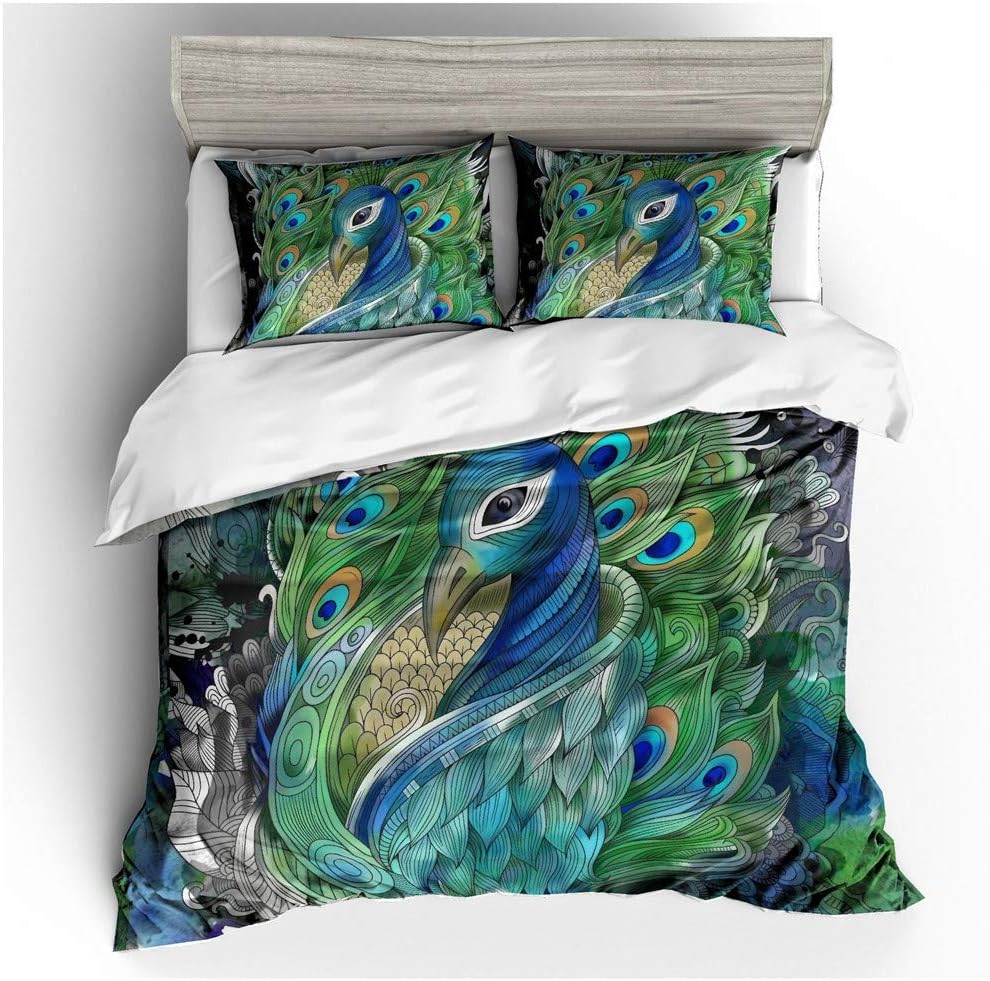 Sticker superb 3D Blue Peacock Bedding Set, Peacock Animal Duvet Cover, Comforter Cover with Pillow Case 1 Person 135x200cm (Green Peacock)