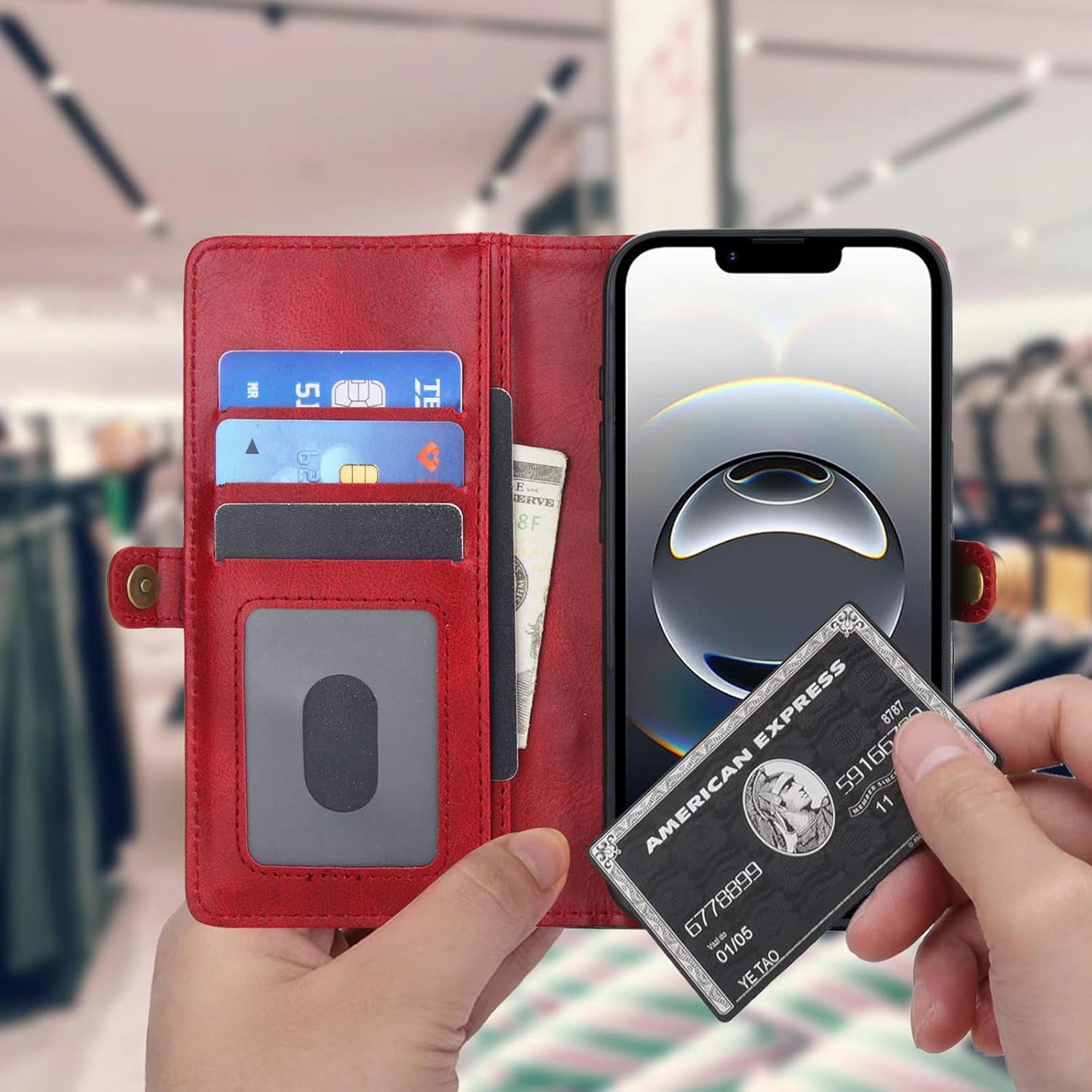 Wallet Case for iPhone 16 Plus, PU Leather Detachable Magnetic Flip Cover with Card Holders Wrist Strap - Red