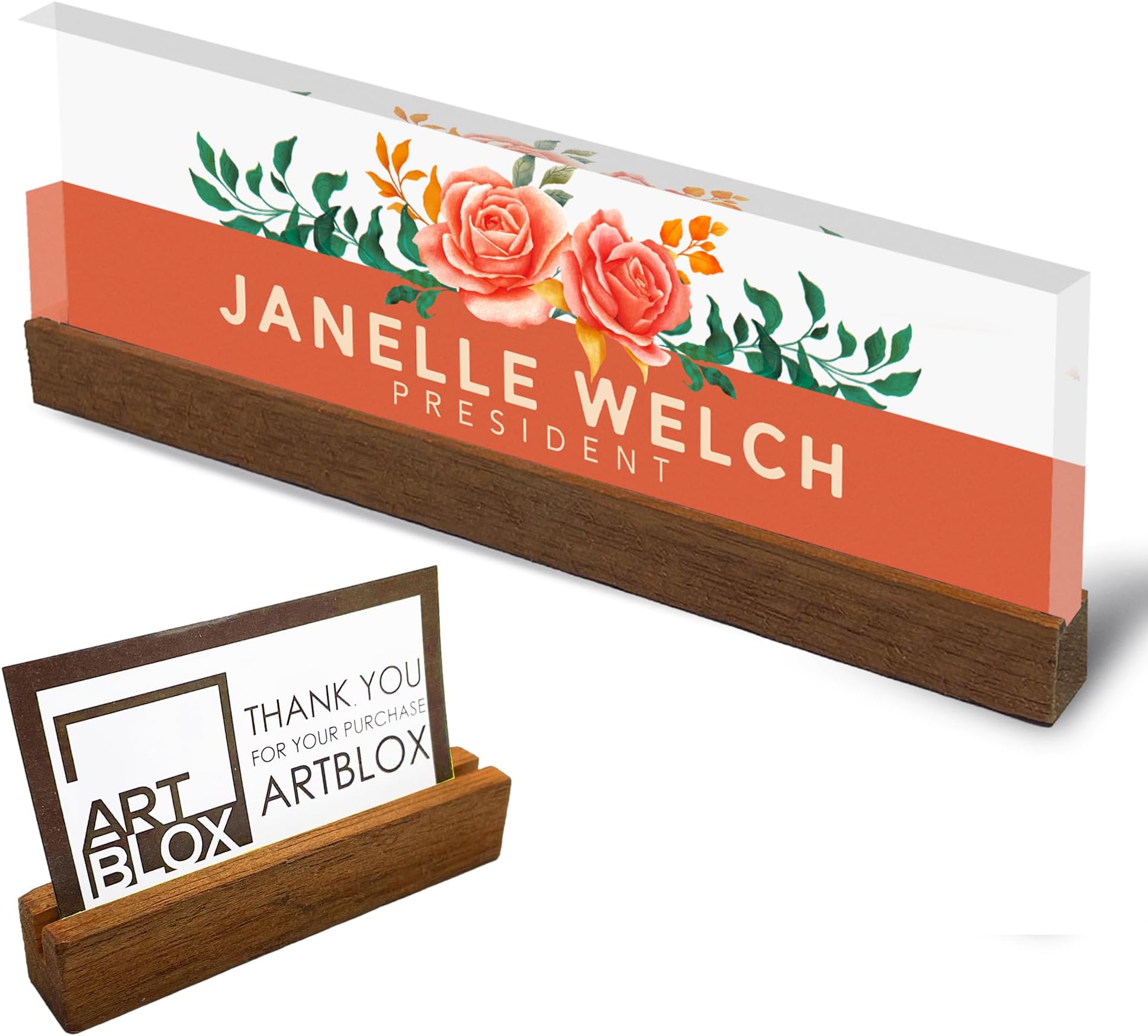 Artblox Office Personalized Name Plate for Desk with Business Card Holder On Clear Acrylic Glass Orange Roses Design Custom Desk Name Plate with Your Name and Credentials Customized Gift