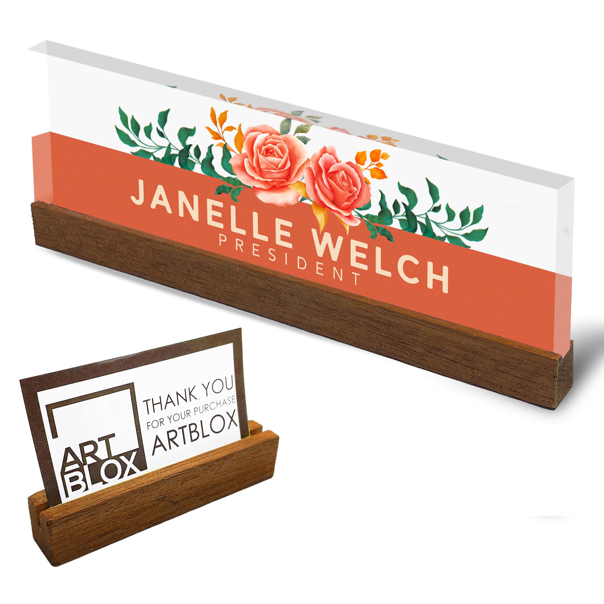 Artblox Office Personalized Name Plate for Desk with Business Card Holder On Clear Acrylic Glass Orange Roses Design Custom Desk Name Plate with Your Name and Credentials Customized Gift