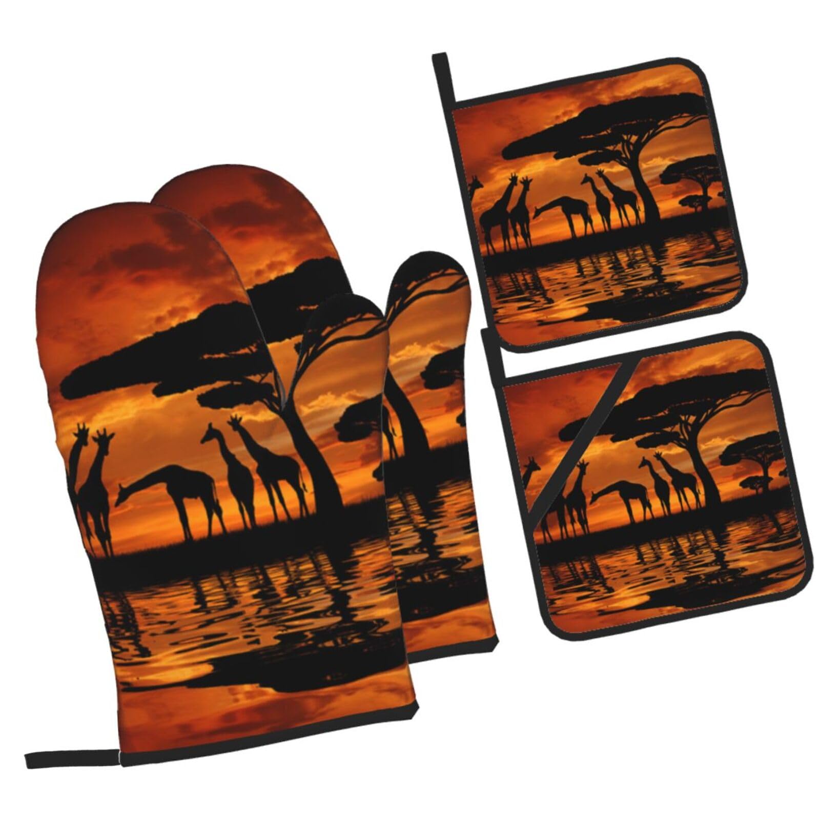 Giraffe under the tree in Africa Printed Oven Mitts and Pot Holders Heat Resistant Set of 4 Pcs, Modern Kitchen Gloves & Potholders for Cooking Baking Grilling