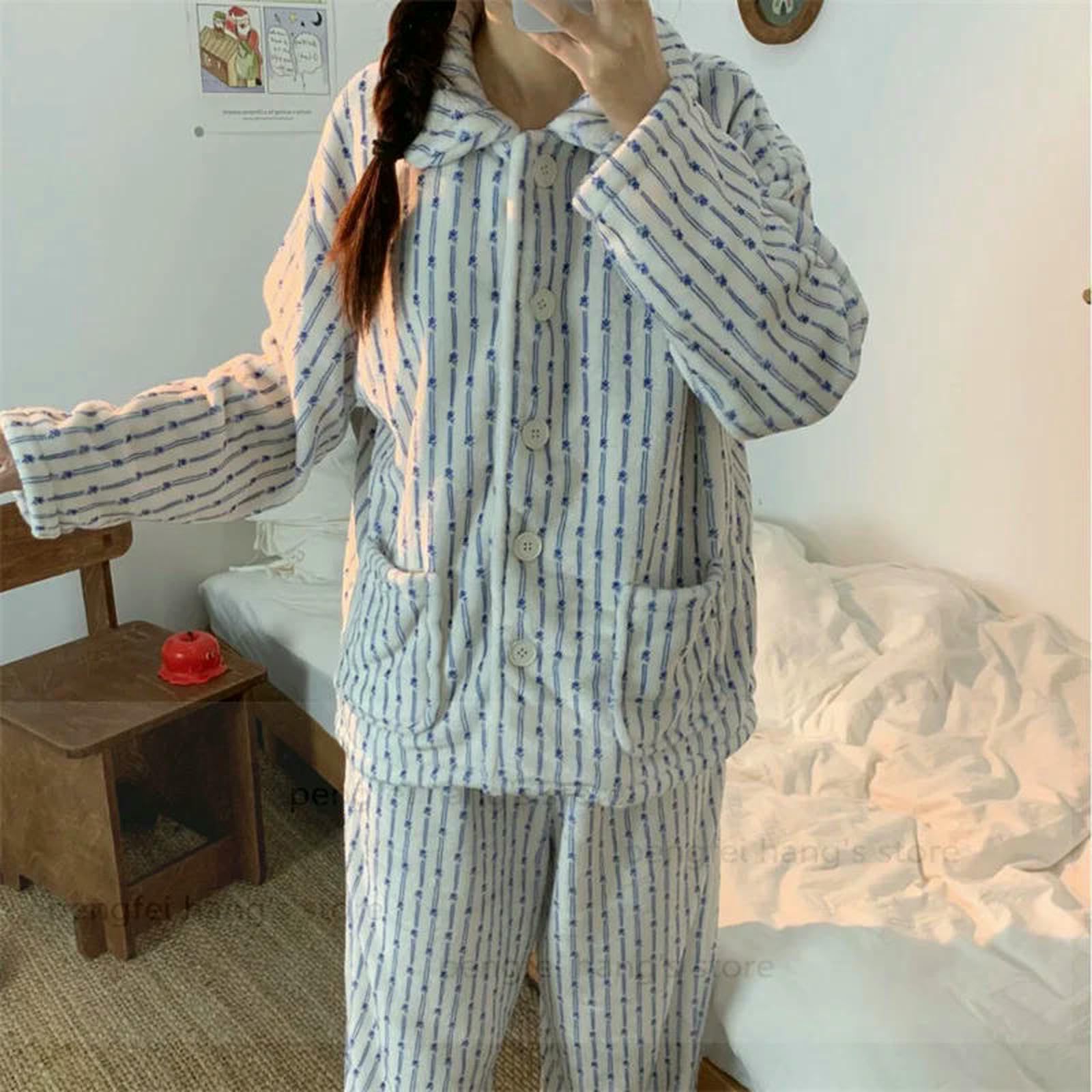 WANGQIQI Pigiama Pigiami Invernali da Donna Set A Casa-Striscia Blu-Una Taglia
