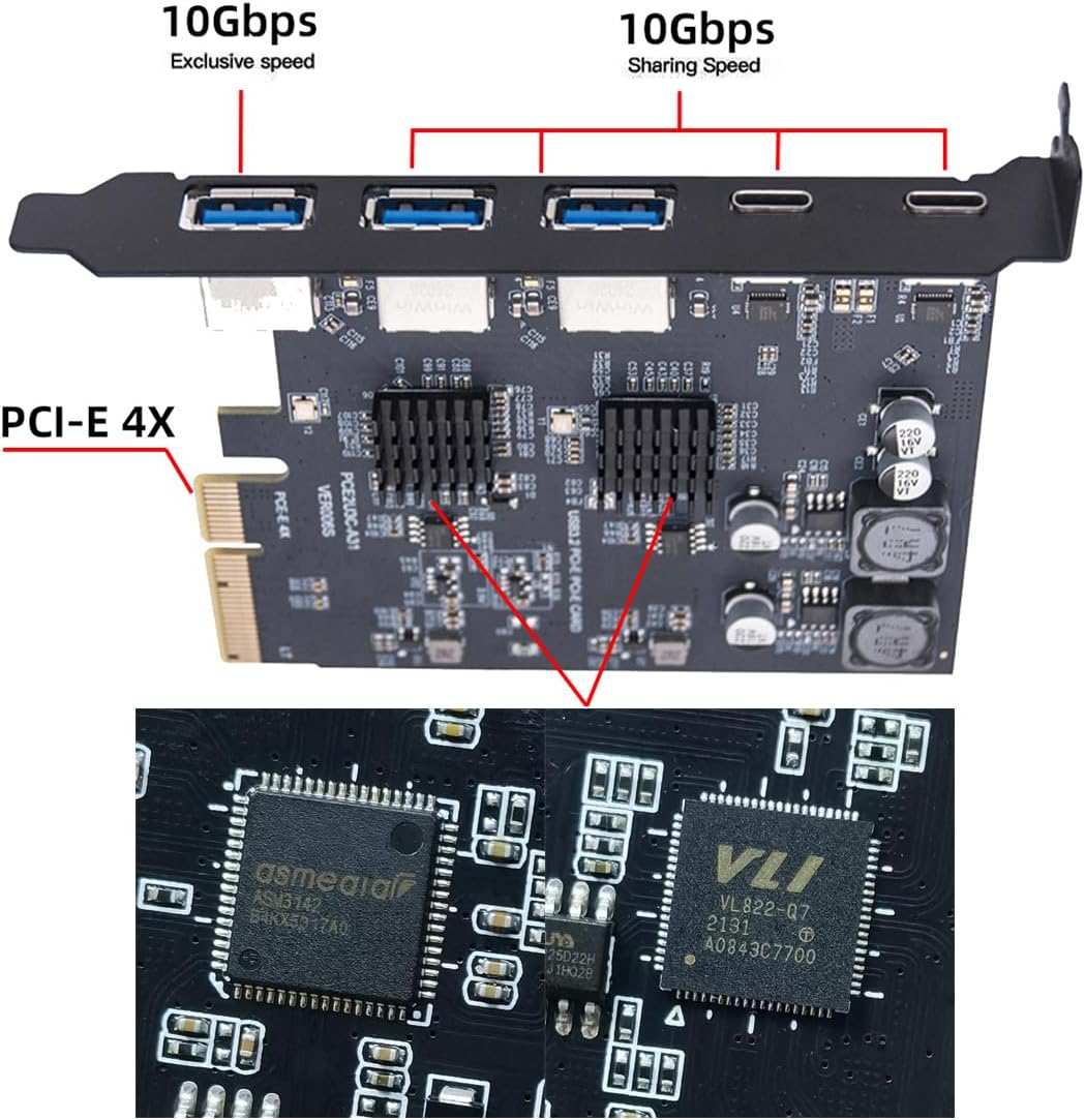 10Gbps Three Type-A USB3.0 Socket & Dual USB3.1 Type-C USB-C Back Panel to PCI-E Express Card Adapter ASM3142 VL822