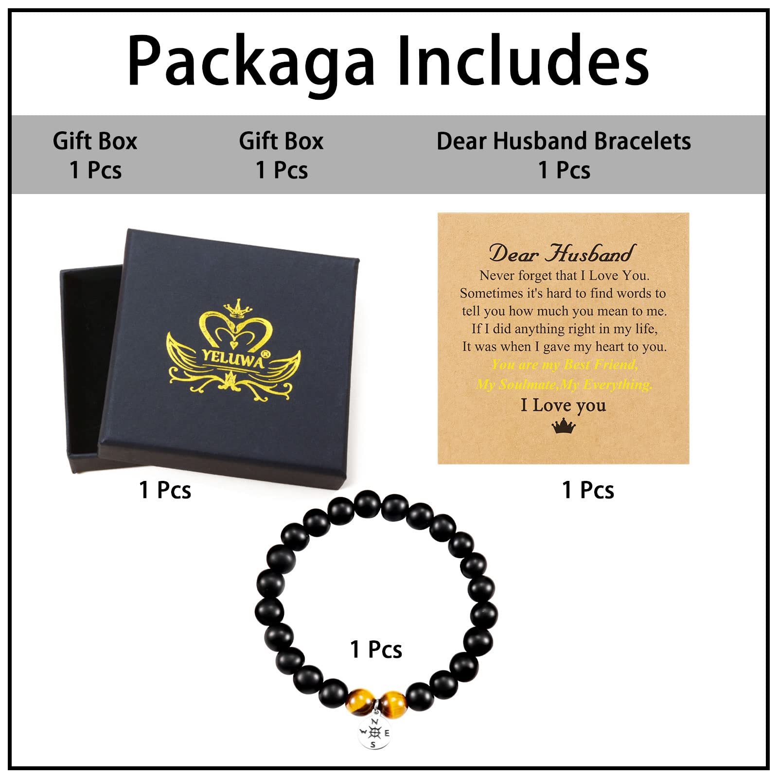 YELUWA Bracciale Con Bussola in Onice Nero E Pietra Occhio Di Tigre Regali Per Uomo Ragazzo, Bracciale Fidanzato Regali Per Fidanzato Compleanno Laurea Festa Del Papà Regali Per Lui Da Fidanzata