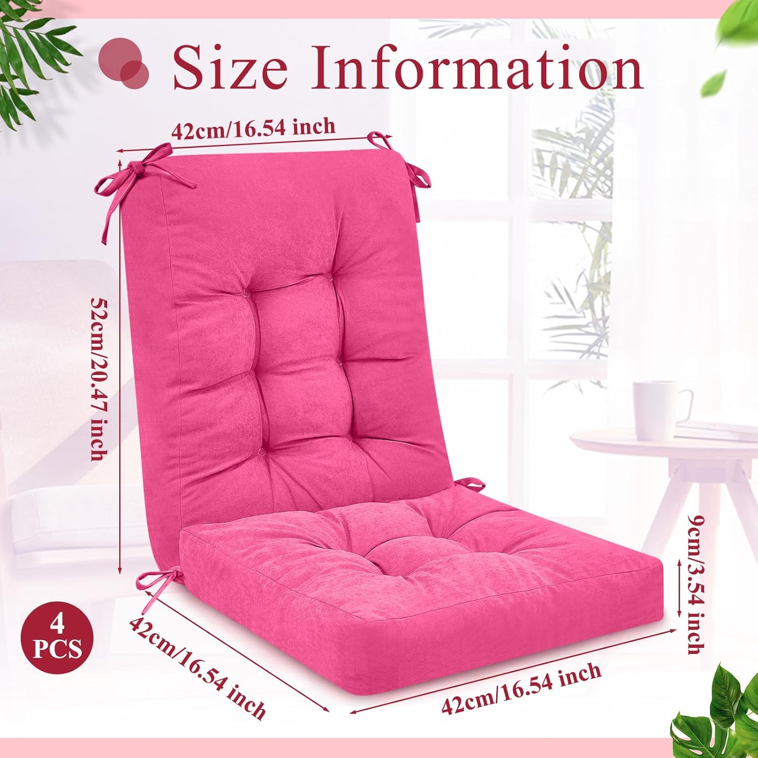 Juexica 4 Sets Outdoor Patio Chair Cushions Seat High Back Tufted Pillow Replacement Rocking Chair Cushions Pads for Patio Summer Seasonal Indoor Home Office(17 x 17 Inch,Pink)