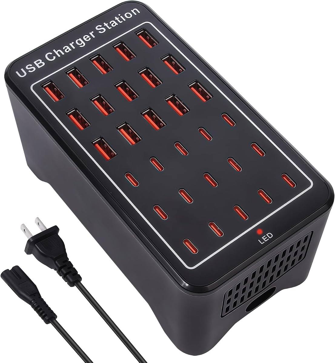 Estación de carga USB de 30 puertos de 150 W (30 A), bloque de cargador USB C múltiple | Cargador Rápido de Escritorio/Pared con Protección Inteligente Compatible con iPhone, iPad, Tabletas, Smartphones
