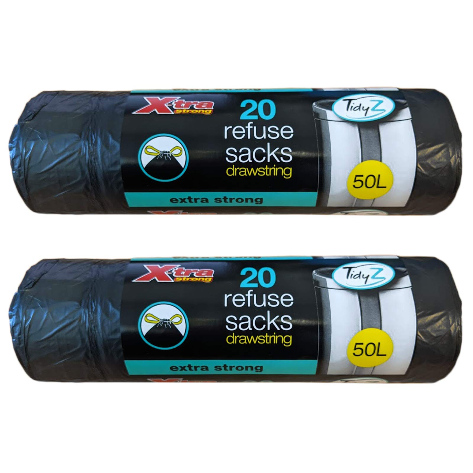TidyZ 40 x Black 50L Drawstring Refuse Sacks Waste Swing Bin Liners Extra Strong Rubbish Bags