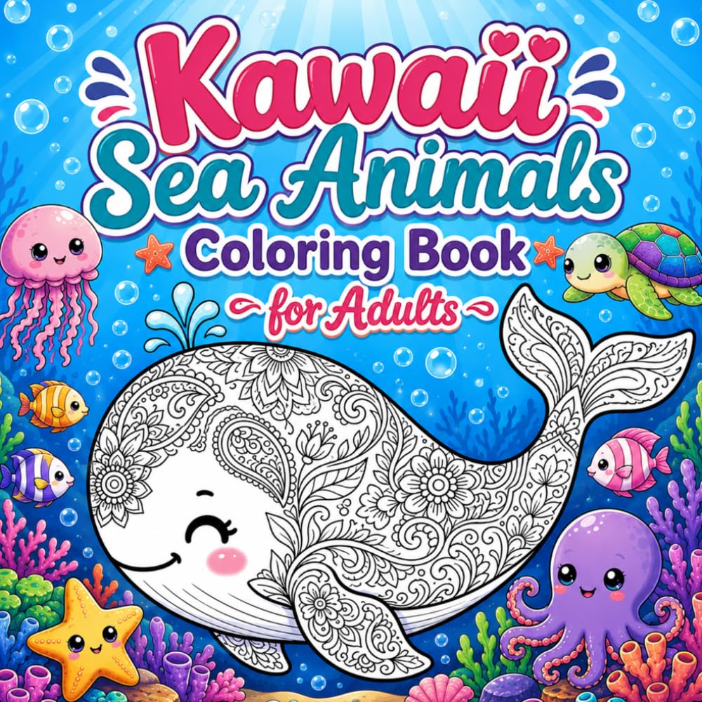 Kawaii Sea Animals Coloring Book for Adults: Cute and Easy Mandalas Ocean Creatures with Bold Lines and Relaxing Patterns for Stress Relief for seniors
