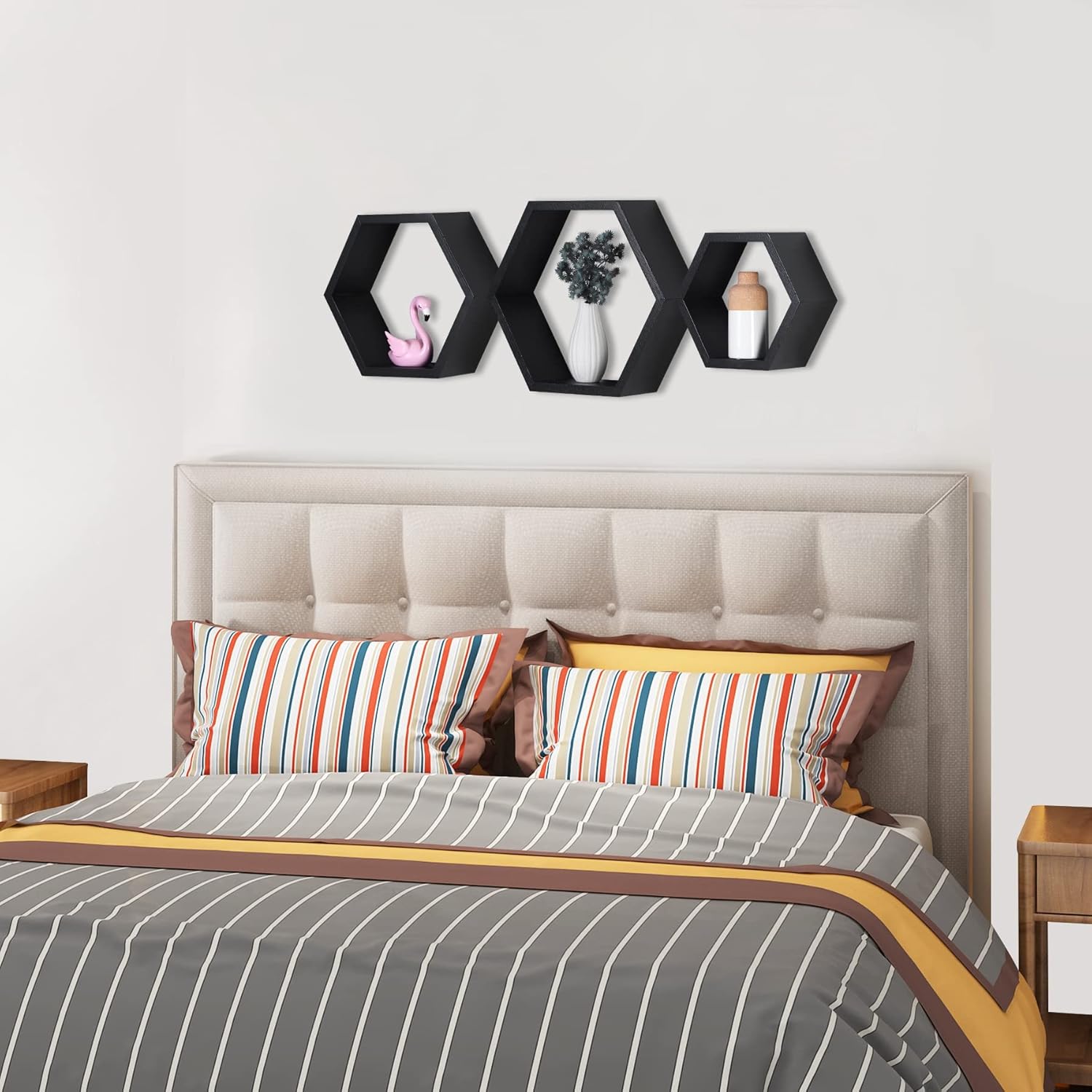 PHOENANCEE Hexagon Floating Shelves,Honeycomb Shelves Set of 3,Wall Mounted Wood Farmhouse Hexagonal Storage Shelf for Bathroom, Kitchen, Bedroom, Living Room