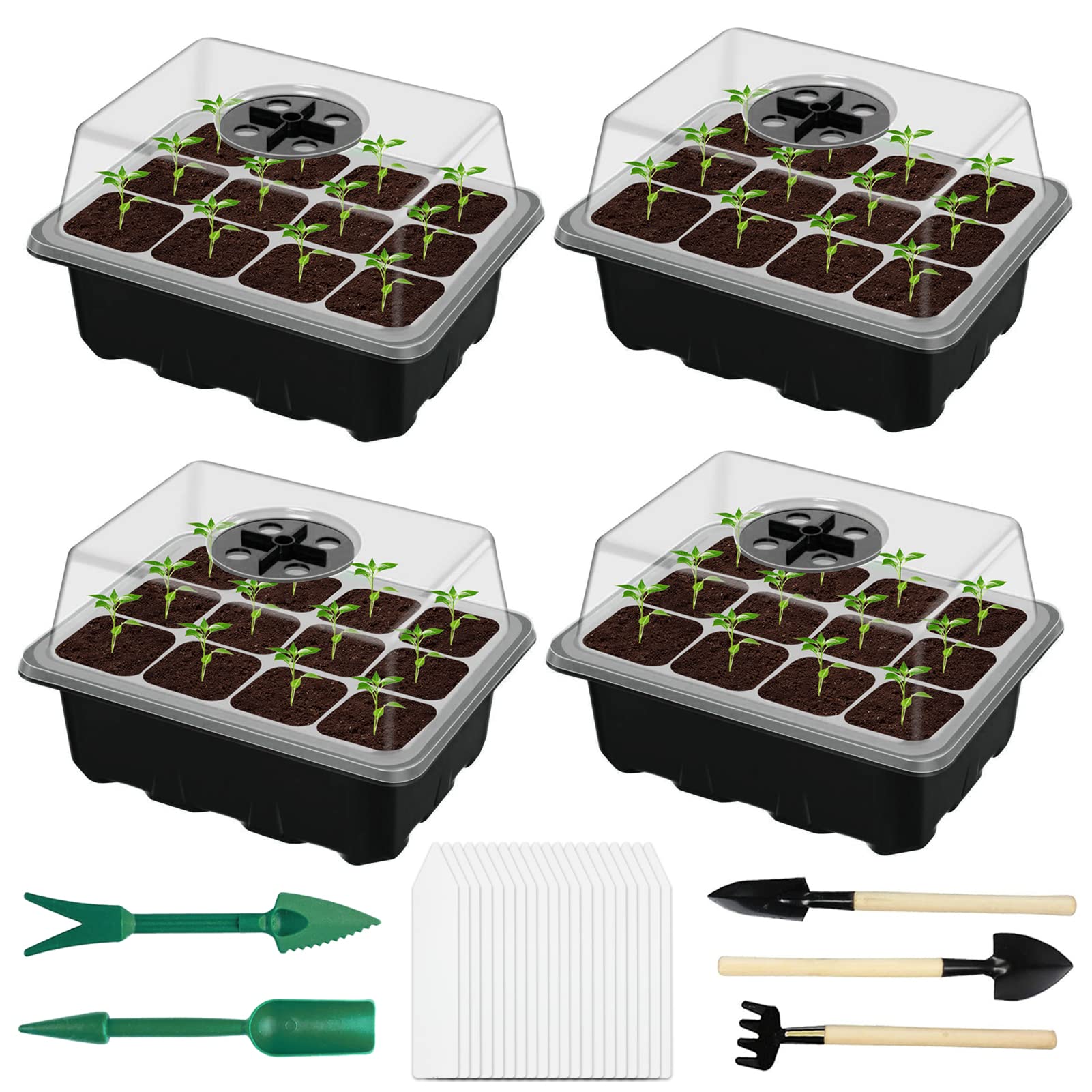 TaimeiMao Indoor Greenhouse Propagation Box, 4 Pieces 12 Cell Mini Greenhouse, Indoor Greenhouse, 18.5 x 14.5 x 12 cm Propagation Pots, Greenhouse Propagation Tray with Adjustable Lid and Ventilation