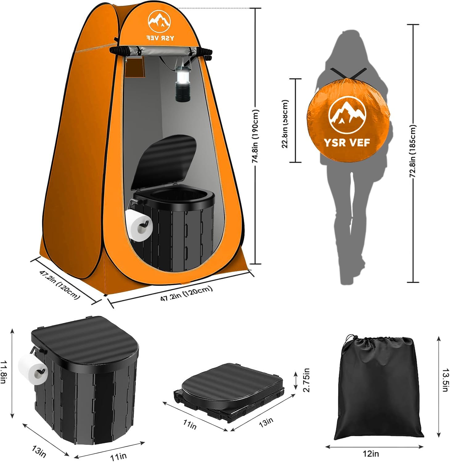 portable toilet kit, camping toilet with pop-up privacy tent and poo gel toilet bags, washable portable outdoor showers changing rooms black toilet and orange tent with light