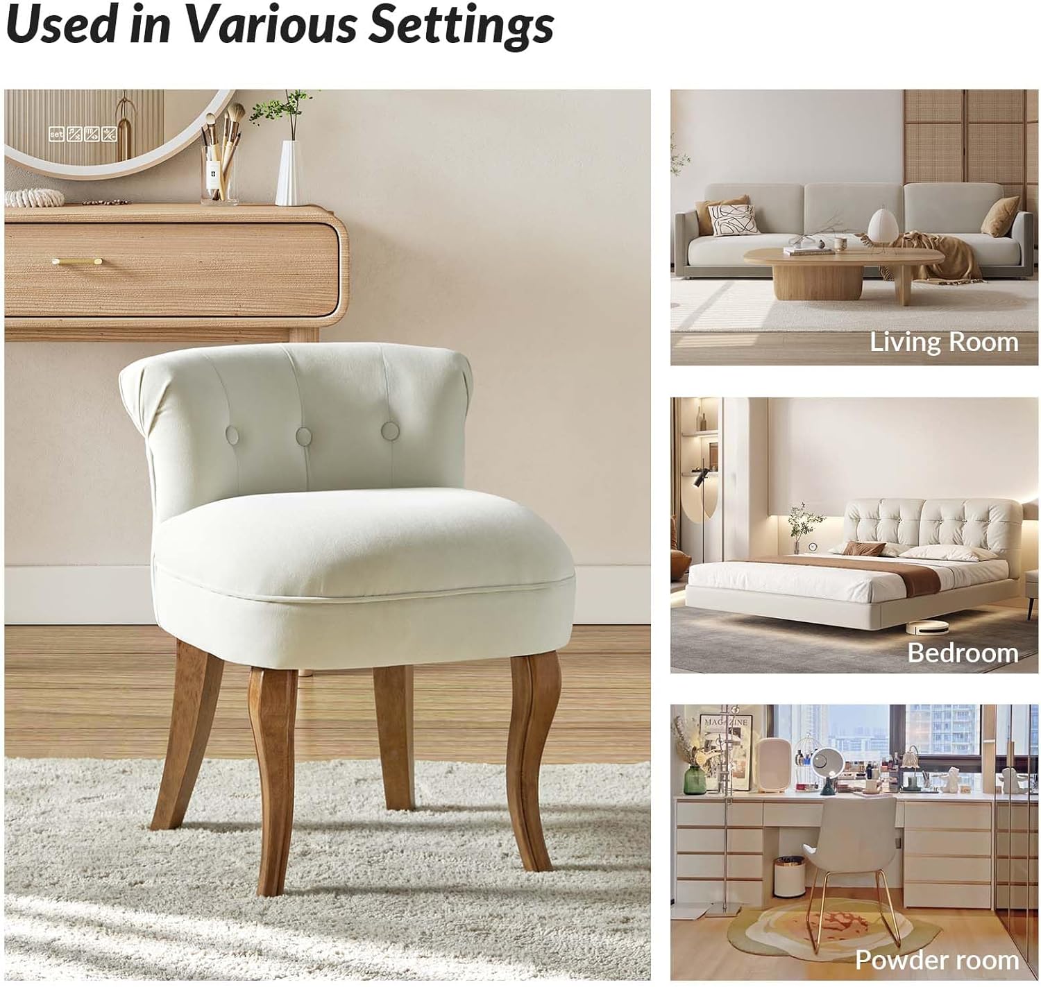 HULALA HOME Velvet Vanity Stool with Low Back, Modern Vanity Chair with Solid Wood Legs, Small Upholstered Makeup Chair Home Decor for Bedroom Living Room Dressing Table, Women Girls, Ivory