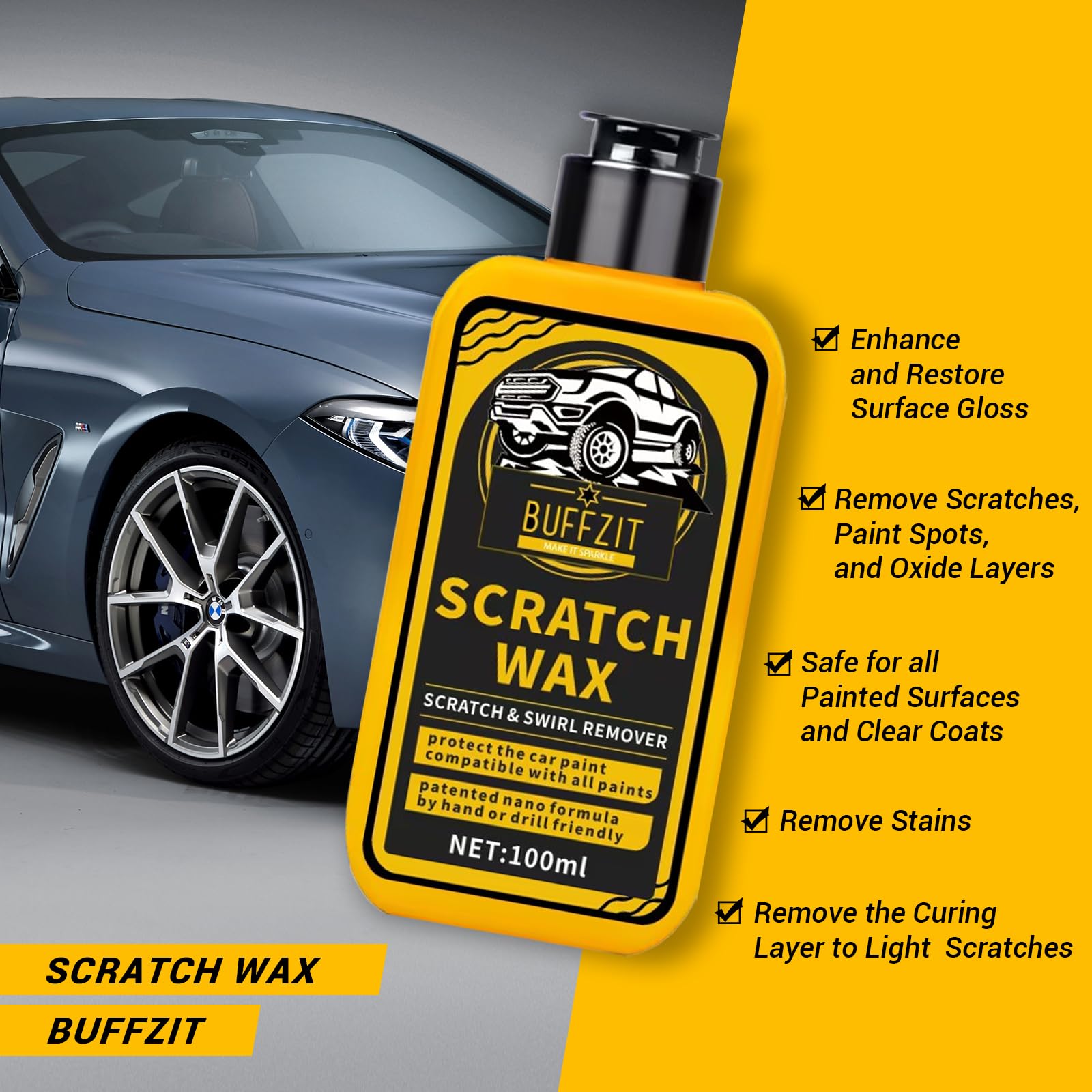 BUFFZIT Car Scratch Remover for Vehicles, Scratch Repair Wax, Rubbing & Polishing Compound, Easily Removes Surface Scratches, Effectively Reduces Swirl Marks for Cars and Other Vehicles, 3.4oz/100ml — view 4