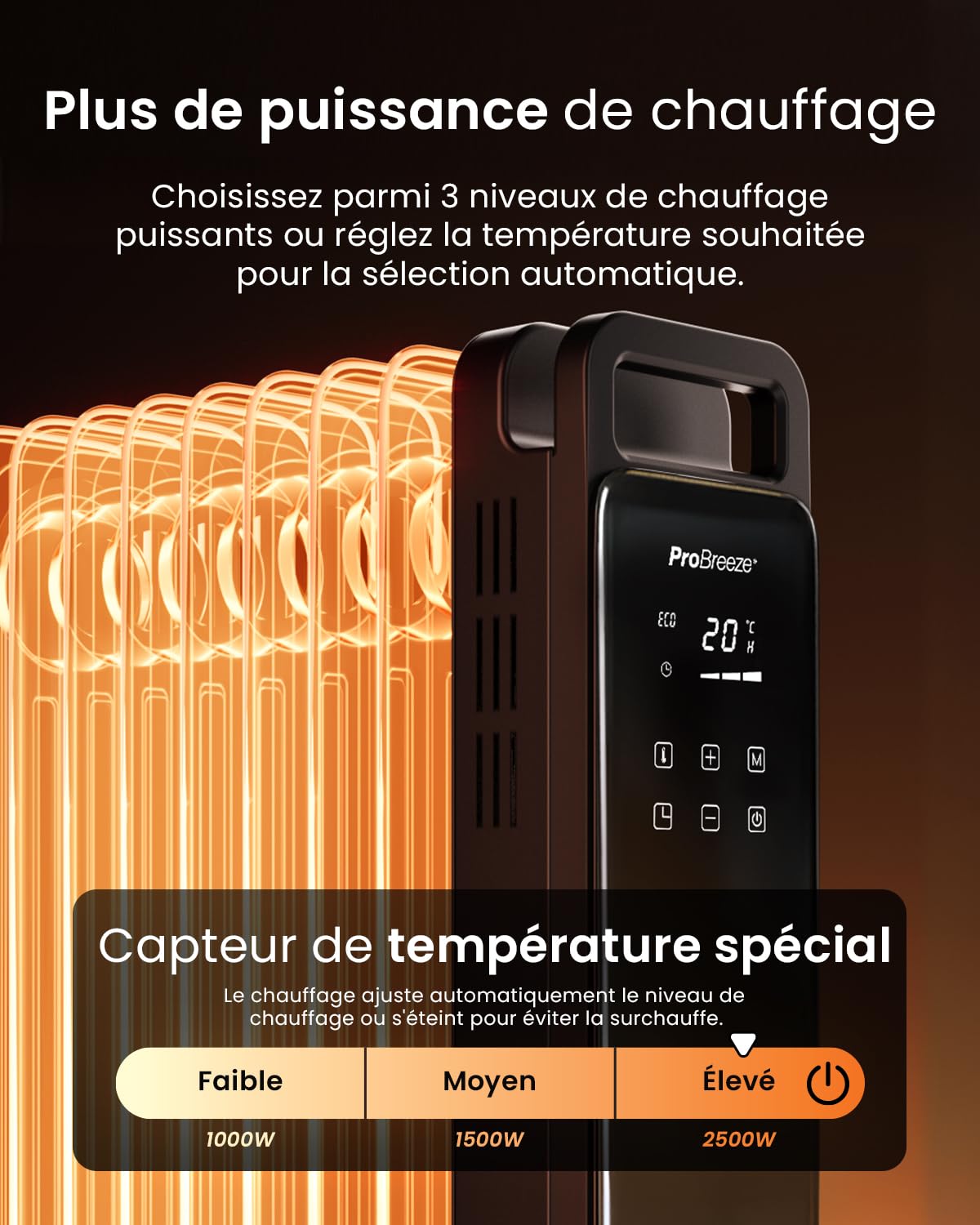 Pro Breeze OmniWarm Radiateur Bain d'Huile 2500W, 11 éléments - Chauffage Électrique - Écran Digital, Mode Éco, 3 Niveaux de Chauffage, Thermostat Réglable, Sécurité Anti-basculement & Minuteur 24H