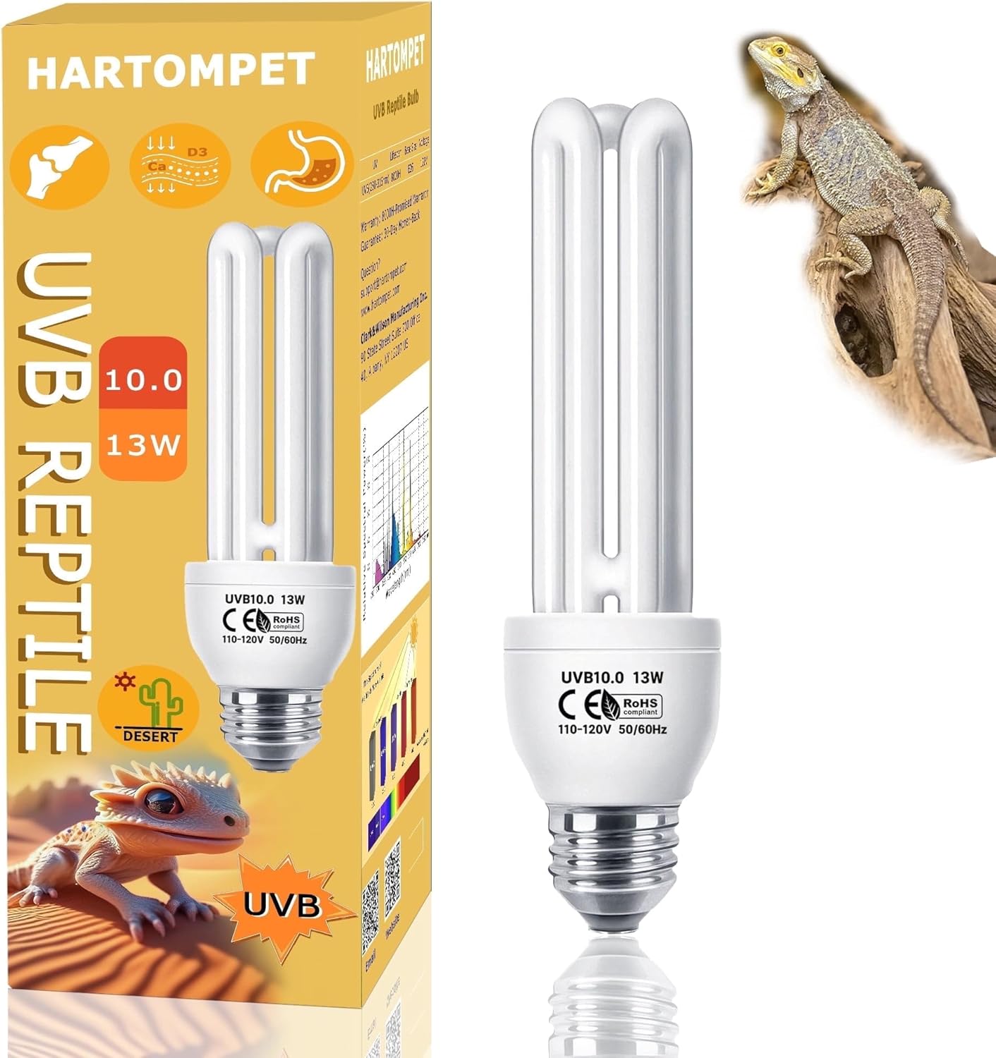 HARTOMPET Linear Tube UVA UVB 10.0 Bulb 13W, Fluorescent Reptile Lamp for Bearded Dragons, Geckos, Tortoises, Snakes & Other Desert Habitat Pets