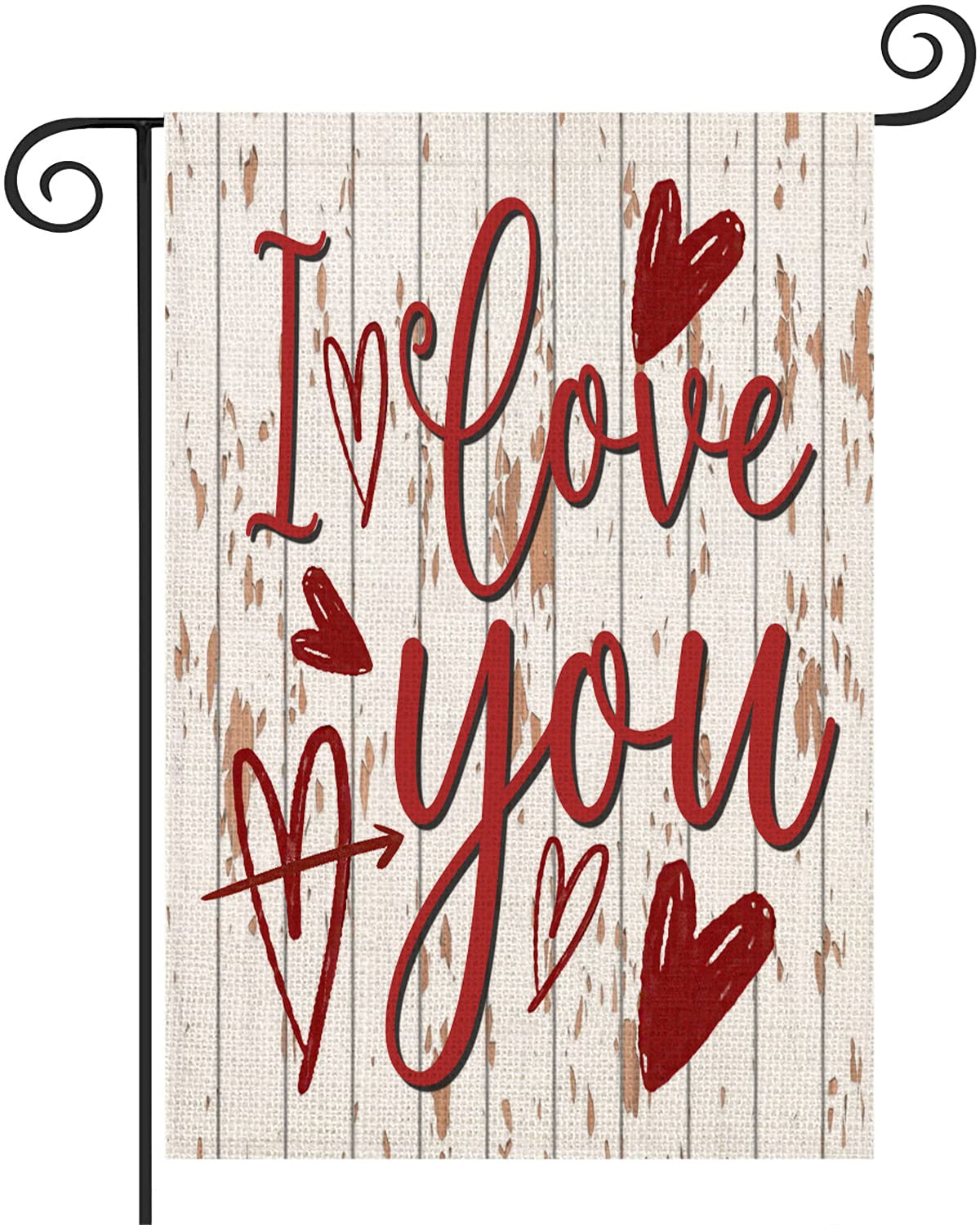Asamour Valentines Day Garden Flag 12.5 x 18 Inch, I Love You Valentine Quote Saying Burlap Garden Decorations, Rustic Wood Pattern Love Heart Holiday Wedding Small House Banner Yard Outdoor Decor (I Love You)