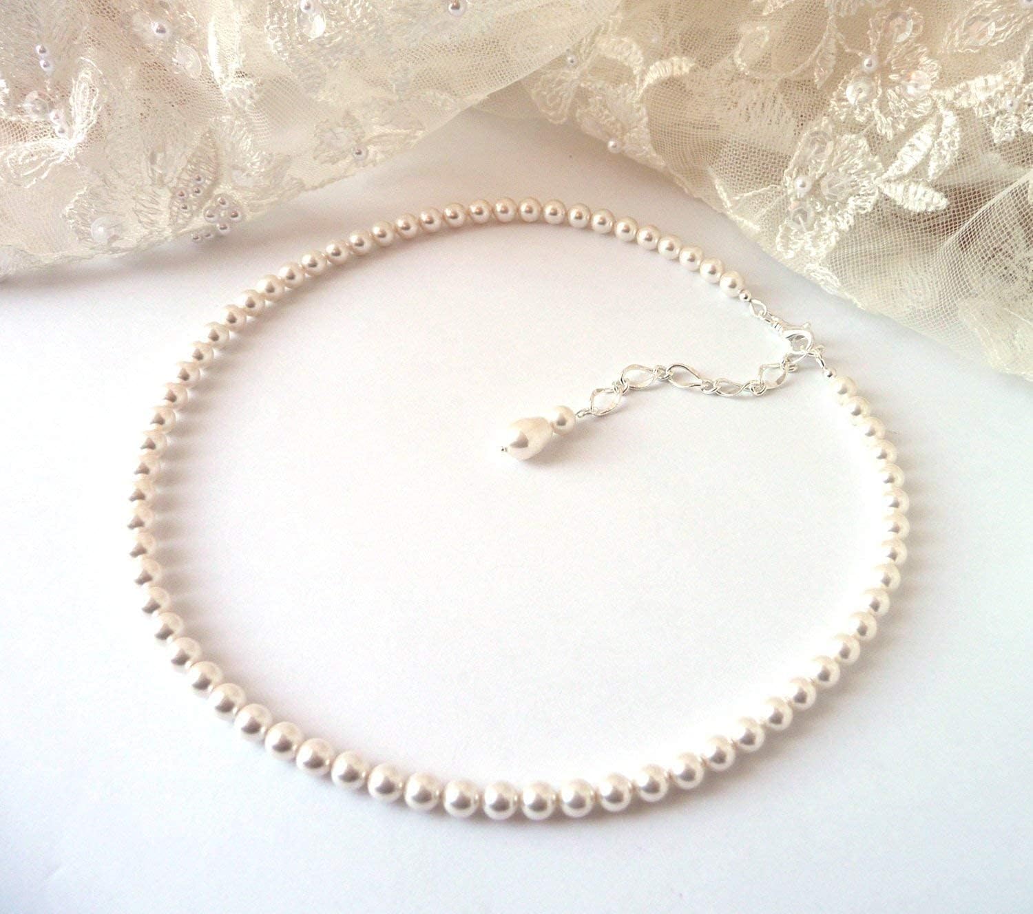 Single Strand Pearl Necklace with Silver Back Drop Extension, Choice of Length and Color, 6mm Round Pearl Necklace Costume Jewelry, Pearl Necklace for Women and Girls