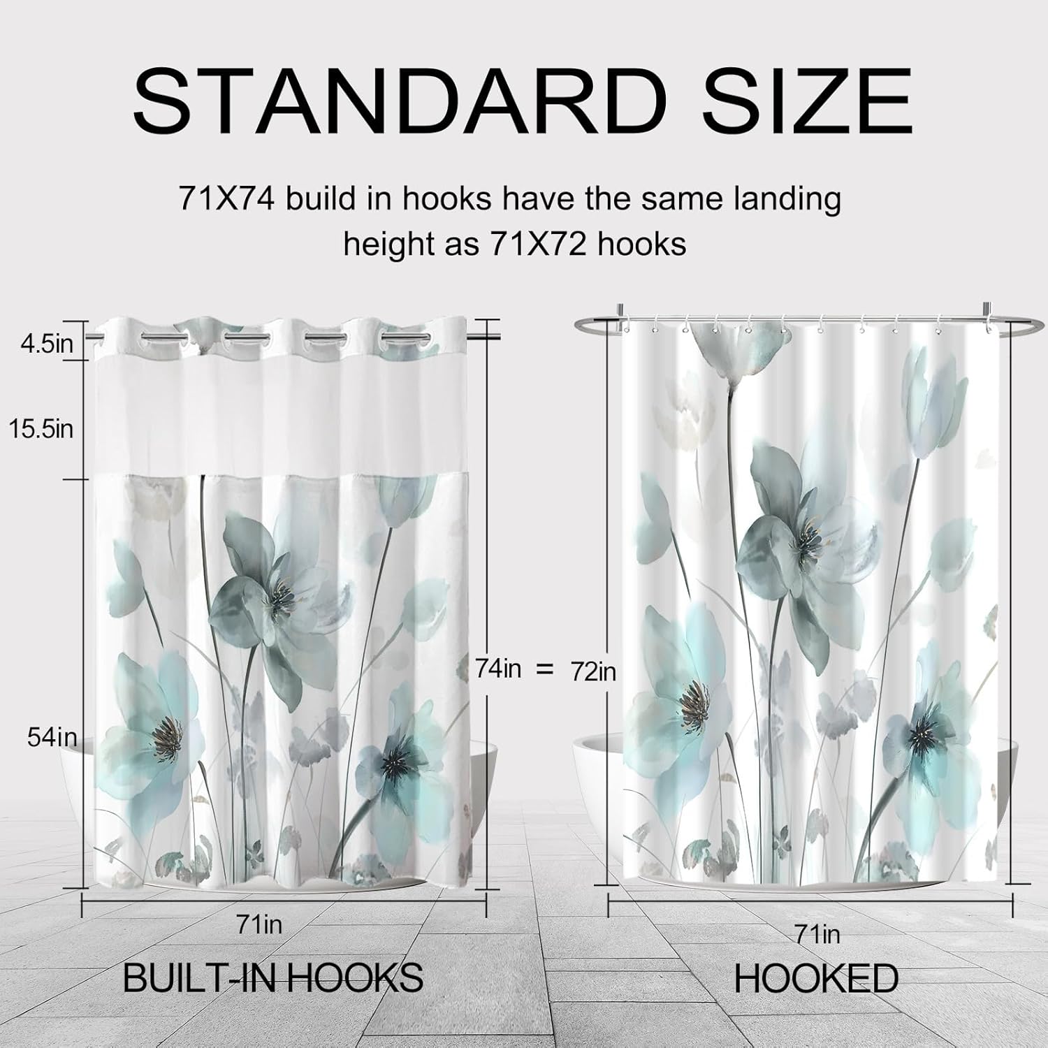 No Hook Shower Curtain and Liner Set, Teal Boho Floral Shower Curtains for Bathroom, Watercolor Flower Waterproof Bathroom Curtain Sets with Snap in Liner, 71x74 Inch