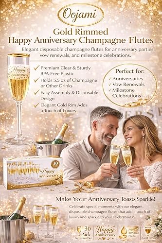Miniatura 8 de Oojami Paquete de 30 copas de champán con borde dorado, elegantes vasos desechables para brindis con diseño impreso para fiestas de aniversario,