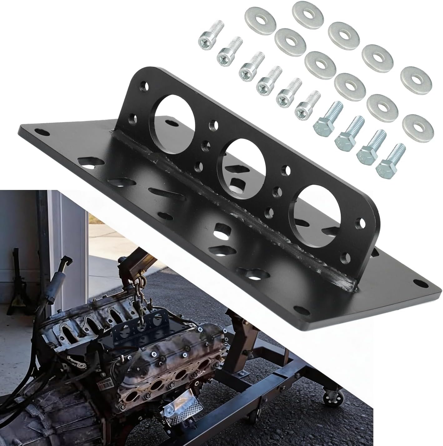 Heavy Duty LS Engine Lift Plate - Universal Engine Hoist Plate for LS/SBC/BBC/Ford Engines, 3 Lift Points Angle Adjustment, 6mm Alloy Steel with Complete Hardware Kit