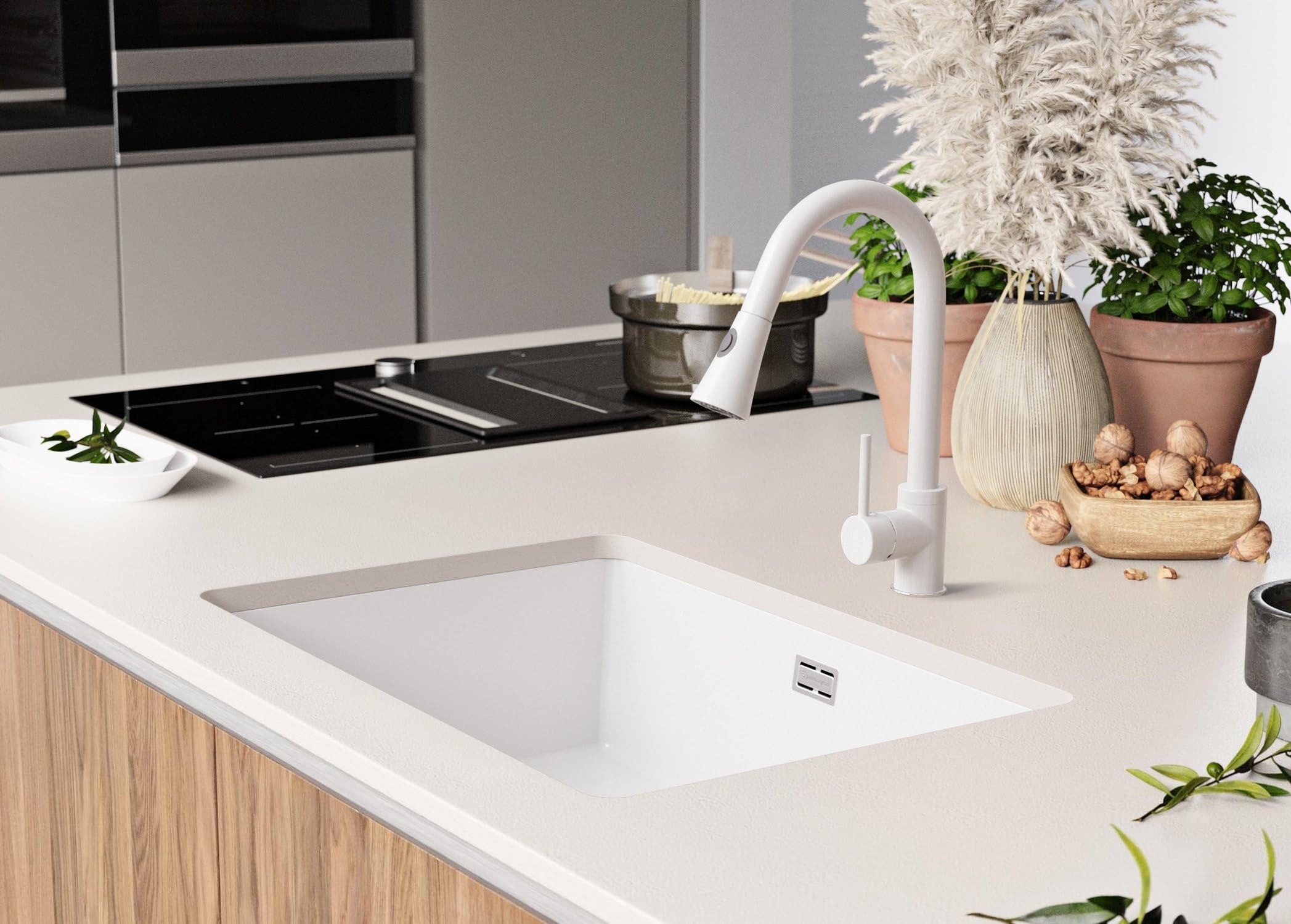 PRIMAGRAN Fregadero bajo Encimera Blanco - London, 66x47cm | Cocina 1 Seno + Sifón, Granito al Mueble 70cm (S388)
