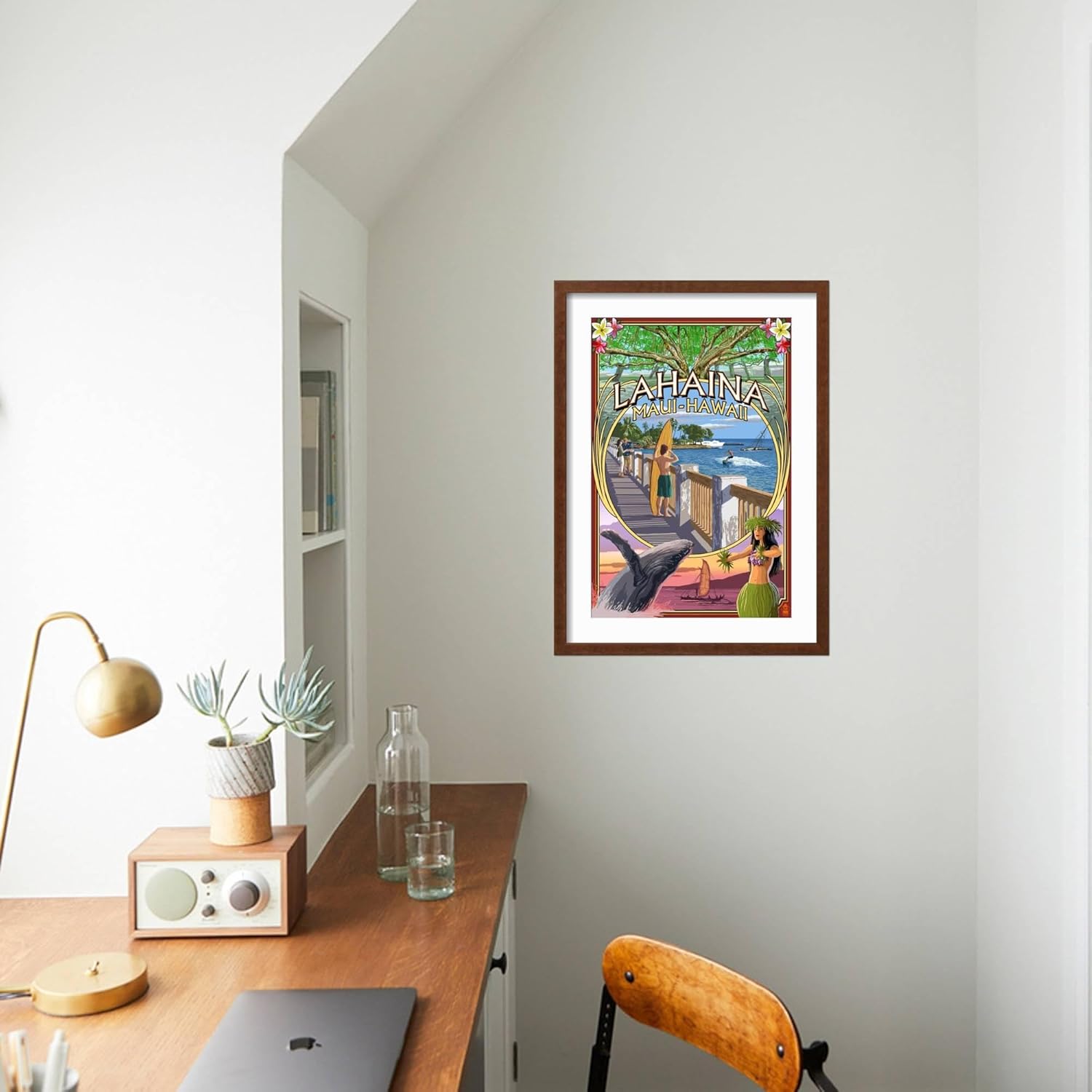 ART.COM Framed Wall Art Prints Lahaina, Maui, Hawaii - Town Scenes Montage by Lantern Press, Places Decor, 12" x 18", Espresso Frame with White Mat