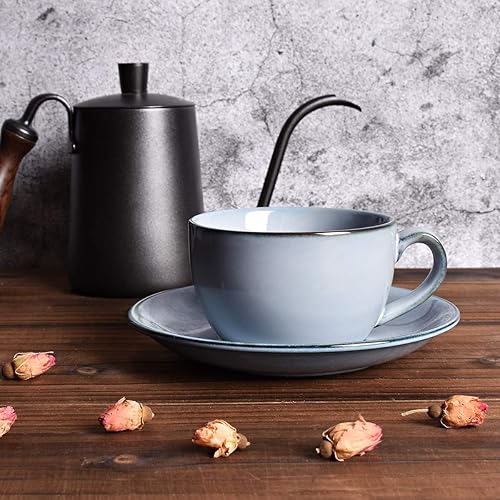 Miniatura 4 de Bosmarlin Taza de café de cerámica con platillo, juego de 2 para café con leche, capuchino, té, 8.5 onzas, apta para lavavajillas y microondas (gris