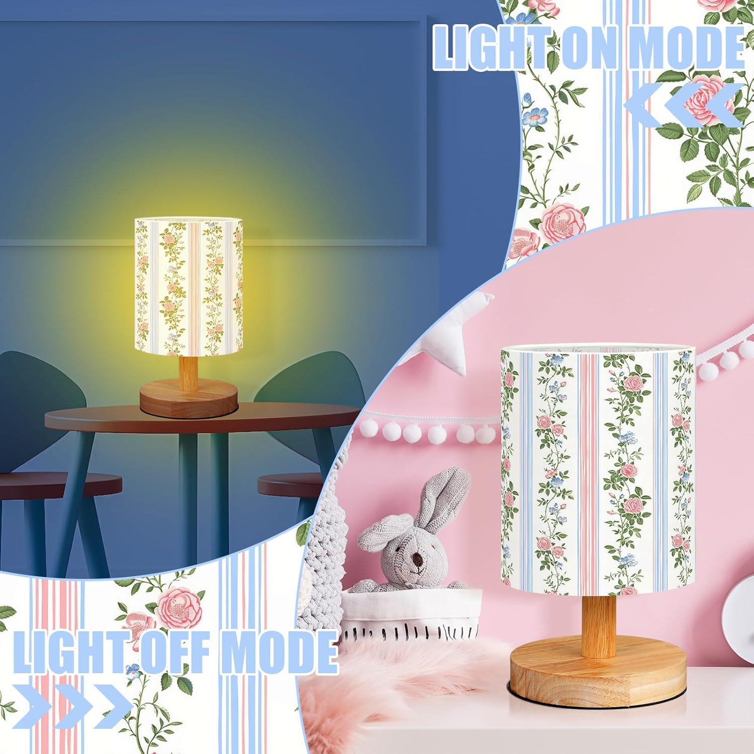 VIHOSE Pink Floral Kids Table Lamp for Bedroom Kids Bedside Lamp with Linen Wooden Nightstand Cartoon Nursery Lampshade for Girls Boys Living Room