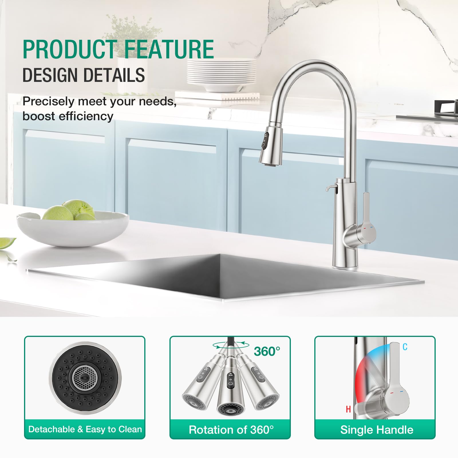 CREA Rubinetto da cucina dispenser di sapone da incasso, miscelatore da cucina con doccetta estensibile, rubinetto per lavello da cucina con 3 doccetta modalità, girevole a 360°, spazzolato