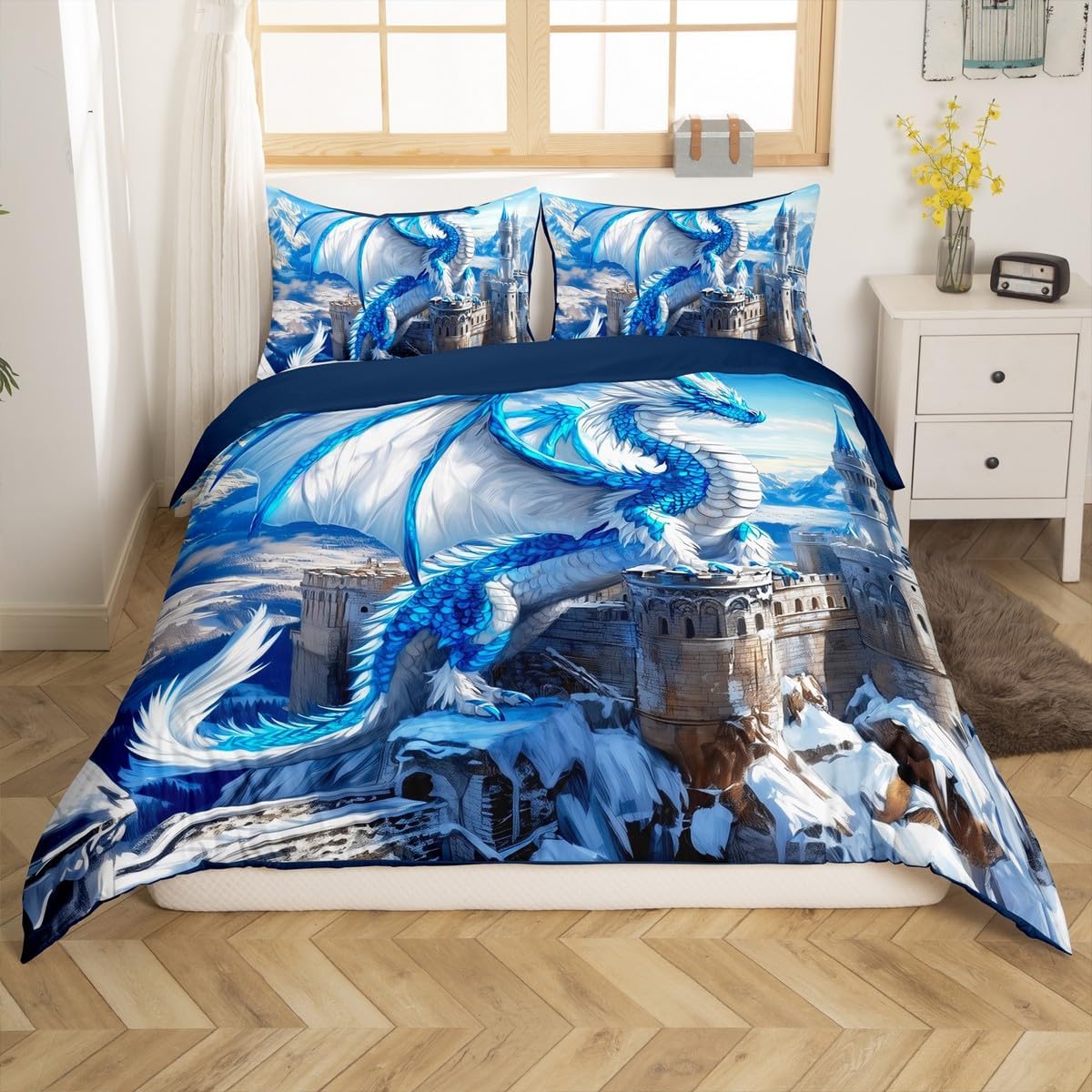 Erosebridal Dragon Duvet Cover King Size, Wild Animal Bedding Set for Kids Boys Teens Adult Bedroom Decor, Dragon Wildlife Comforter Cover Blue and White Soft Microfiber Bed Set, Lightweight