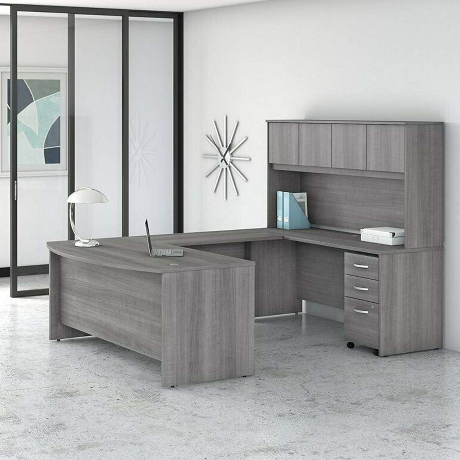 Grey U-Shaped Executive Desk with Hutch Computer Study Writing PC Laptop Workstation Gaming Drawer File Cabinet Furniture Home Office Corner Rotating Shape Modern Wood of Set