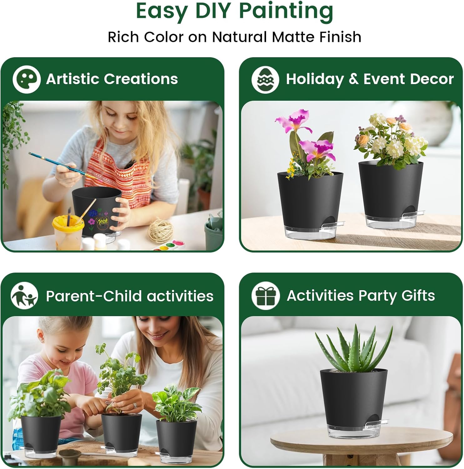 Meowell 6 inch Self Watering Pots for Indoor Outdoor Plants, 6 Pack Flower Plant Pots with Drainage Holes and Clear Reservoirs, Visible Water Level, Plastic Planters with Wicking Rope, Black