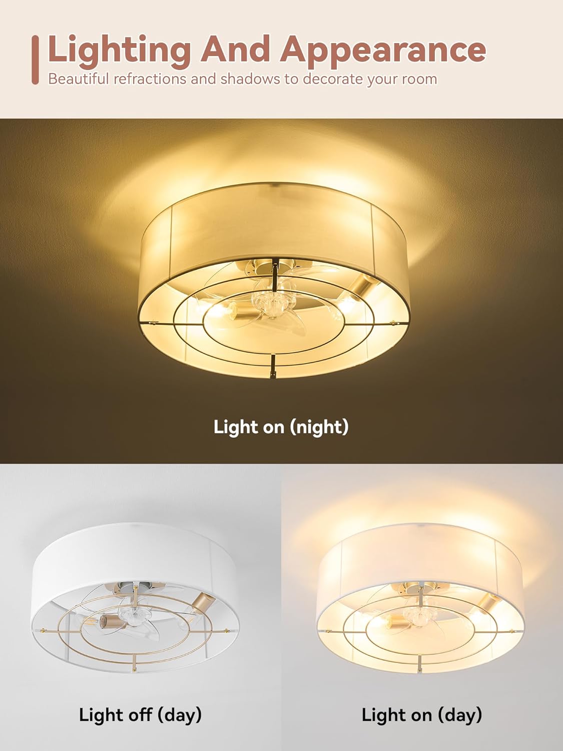 Low Profile Ceiling Fans with Lights, 20 Boho Rattan Ceiling Fan with Light Flush Mount and Remote Control, Drum Caged with 6 Speeds for Bedroom, Nursery, Living Room