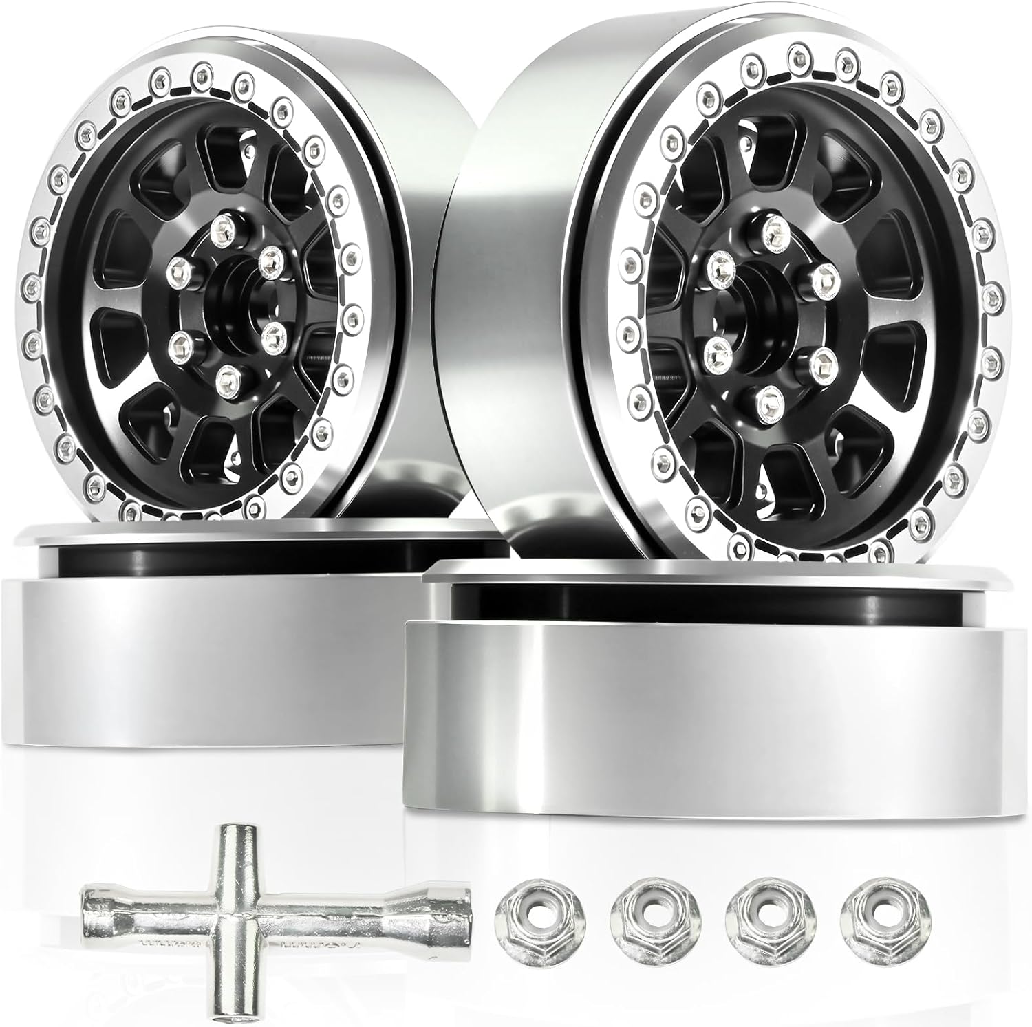 2.2" Beadlock Wheels 25mm Width, 100g Aluminum Alloy Offset 0mm Rims for Axial Wraith, SCX10, TRX4 D90 90048 RR10 1/10 RC Crawler Car, 2.2in Narrow RC Beadlock Wheels with Brake Disc (Silver Black)