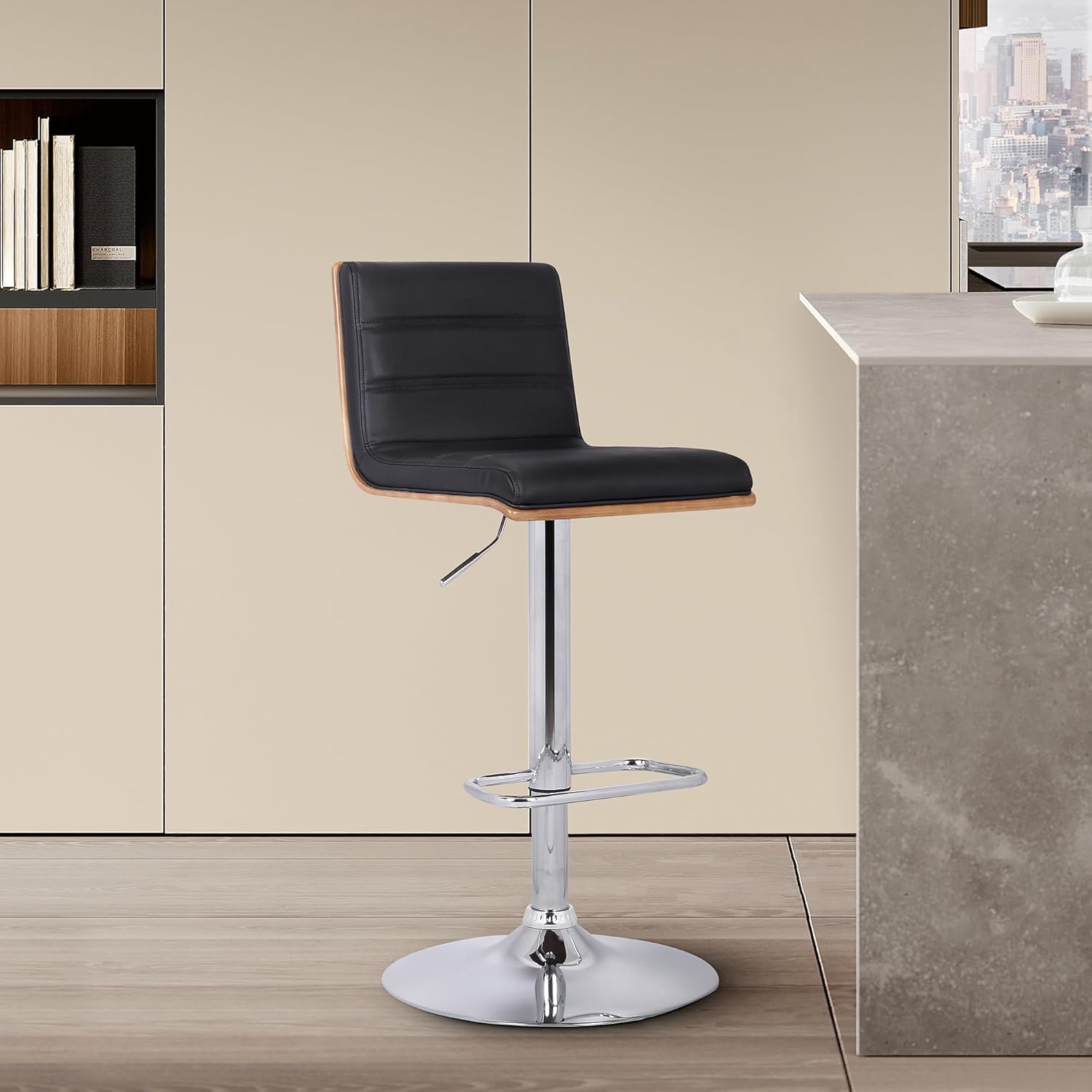 Armen Living Aubrey Barstool in Black Faux Leather, Walnut Wood and Chrome Finish