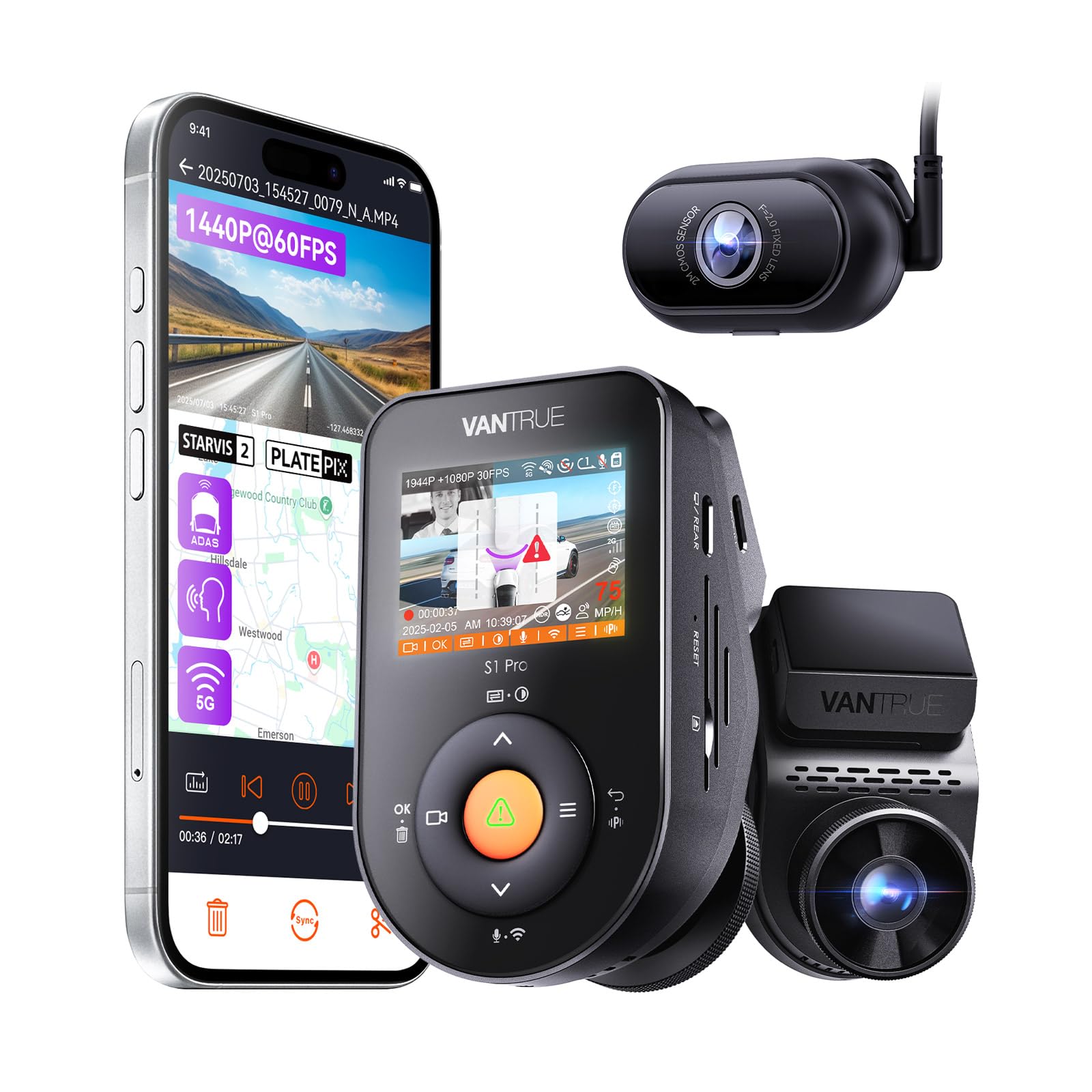 VANTRUE S1 Pro DMS Dashcam con ADAS per Taxi, Telecamera Auto Fronte e Interno 2.7K con Avviso Collisione e Rilevamento Stanchezza, Visione Notturna STARVIS 2, WiFi 5GHz, Conforme al RGPD