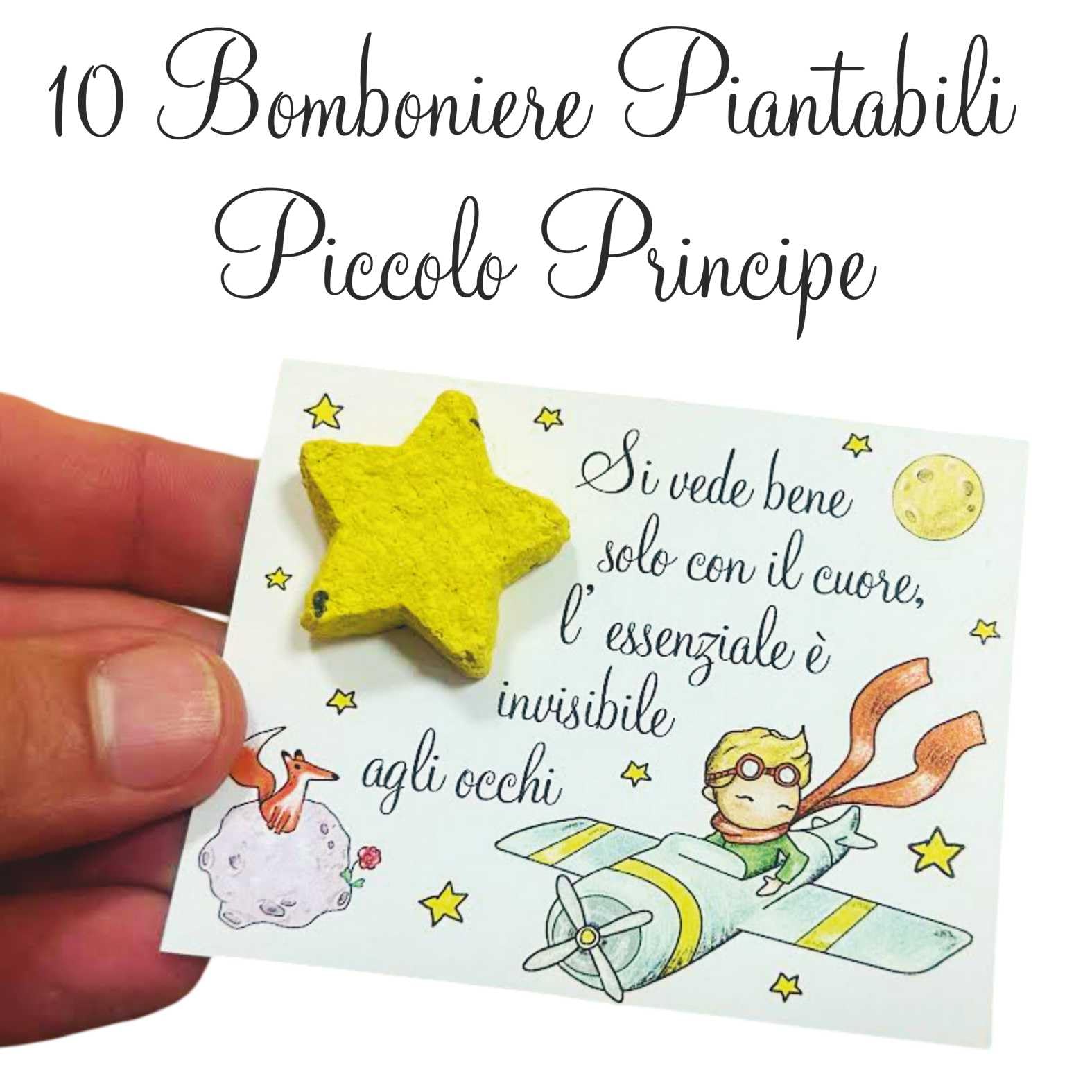 Generico 10 Bomboniere fioritura Piccolo Principe. Bomboniera cartoncino Piccolo Principe con Seme a Forma di Stella