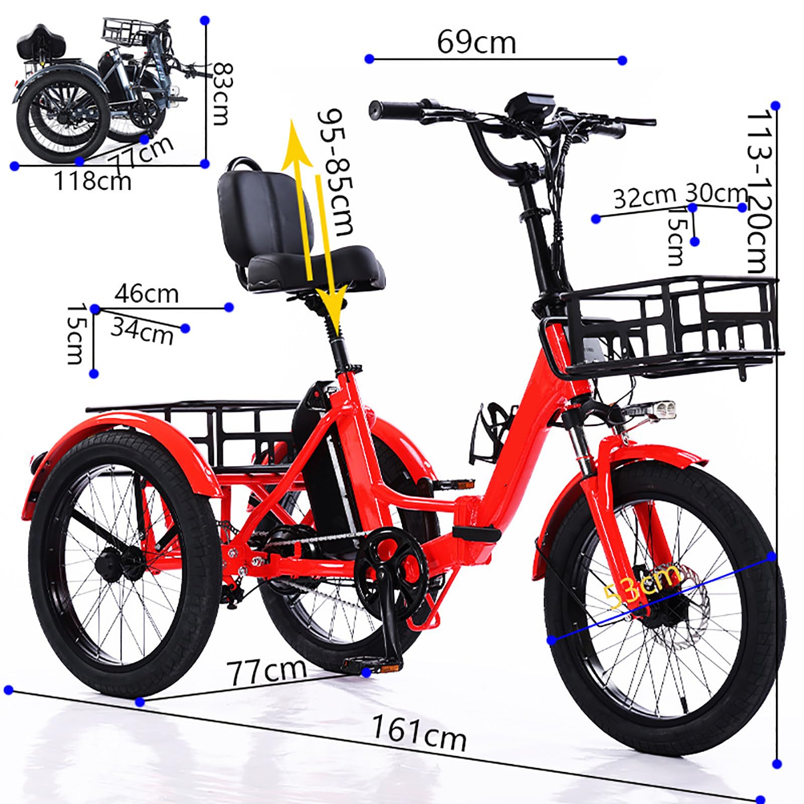 Elektrisches Dreirad Für Erwachsene, Faltbares 7-Gang-Elektrofahrrad Mit 48V 13Ah Akku (45km Reichweite), Bürstenlosem Motor Und 200kg Tragfähigkeit, Scheibenbremsen Vorne Und Hinten B