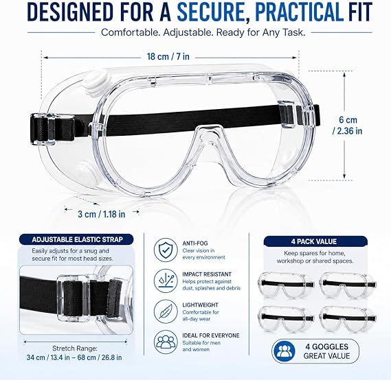 Safety Goggles, 4Pcs Clear Safety Eye Protection Glasses Adult Goggles