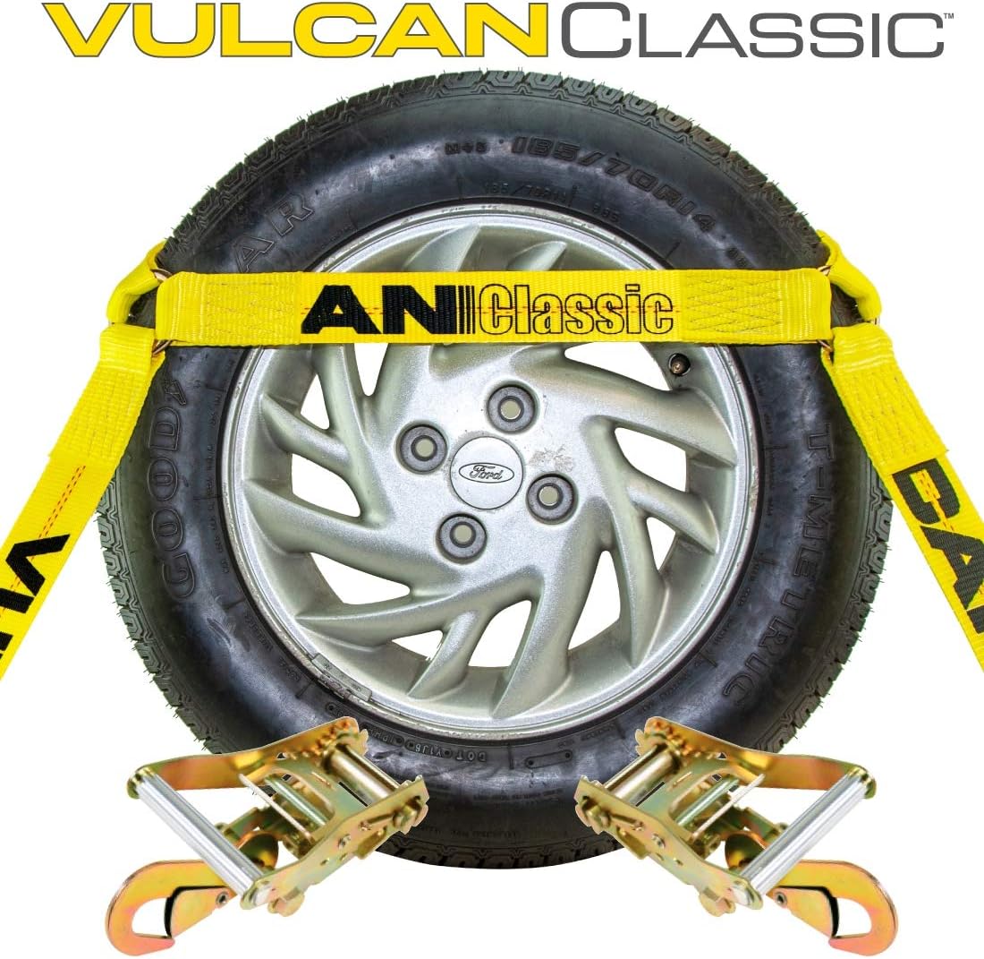 VULCAN Car Tie Down with Snap Hooks - Flat Bed Side Rail - 4 Pack - Classic Yellow - 3,300 Pound Safe Working Load