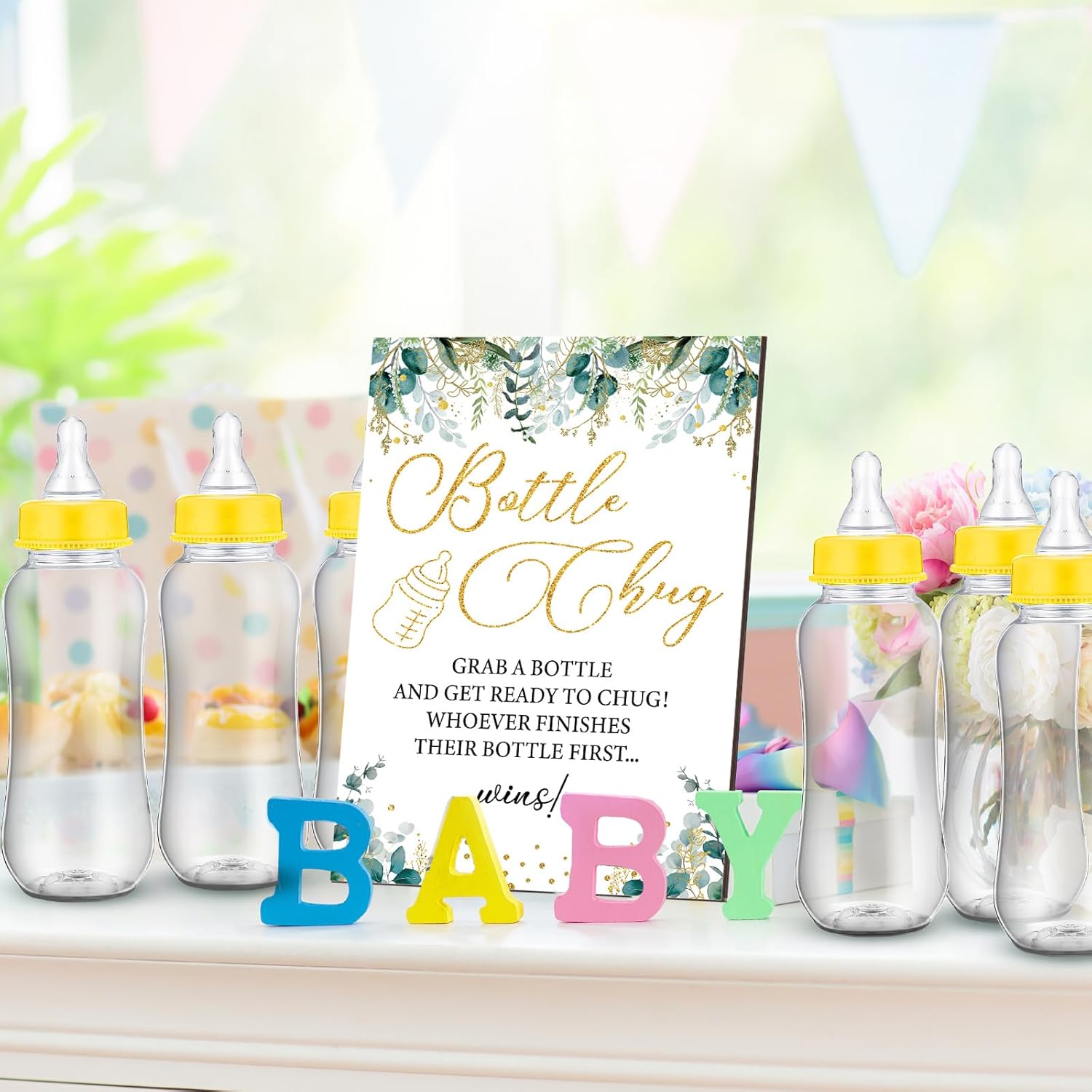 TrelaCo Greenery Cool Baby Shower Games Bottle Chug Sign Wooden Neutral Greenery Floral Gift Sets Gender Reveal Party Favors and 12 Pcs Baby Bottle Shower Favor for Games Gender Reveal
