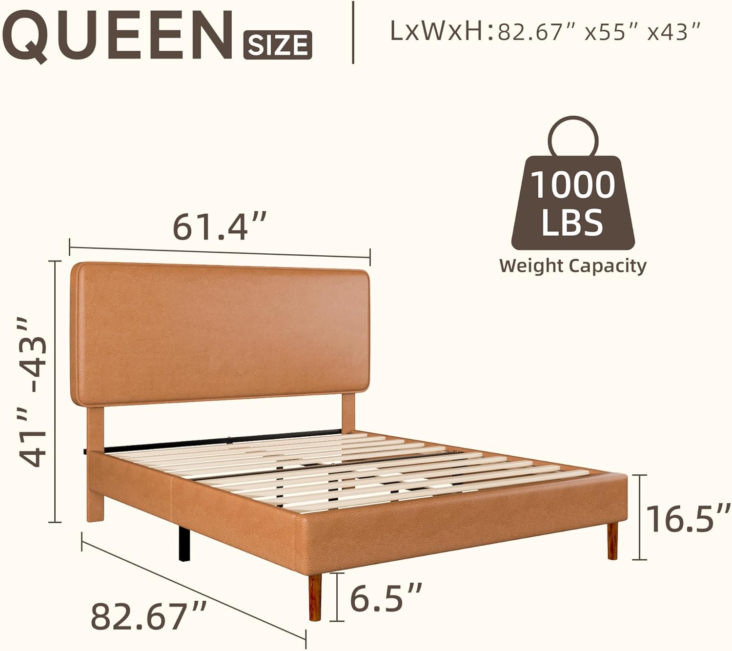 Queen Size Leather Platform Bed Frame with Adjustable Upholstered Headboard, Solid Wooden Legs, No Box Spring Needed, Easy Assembly, Noise Free, Orange-Brown