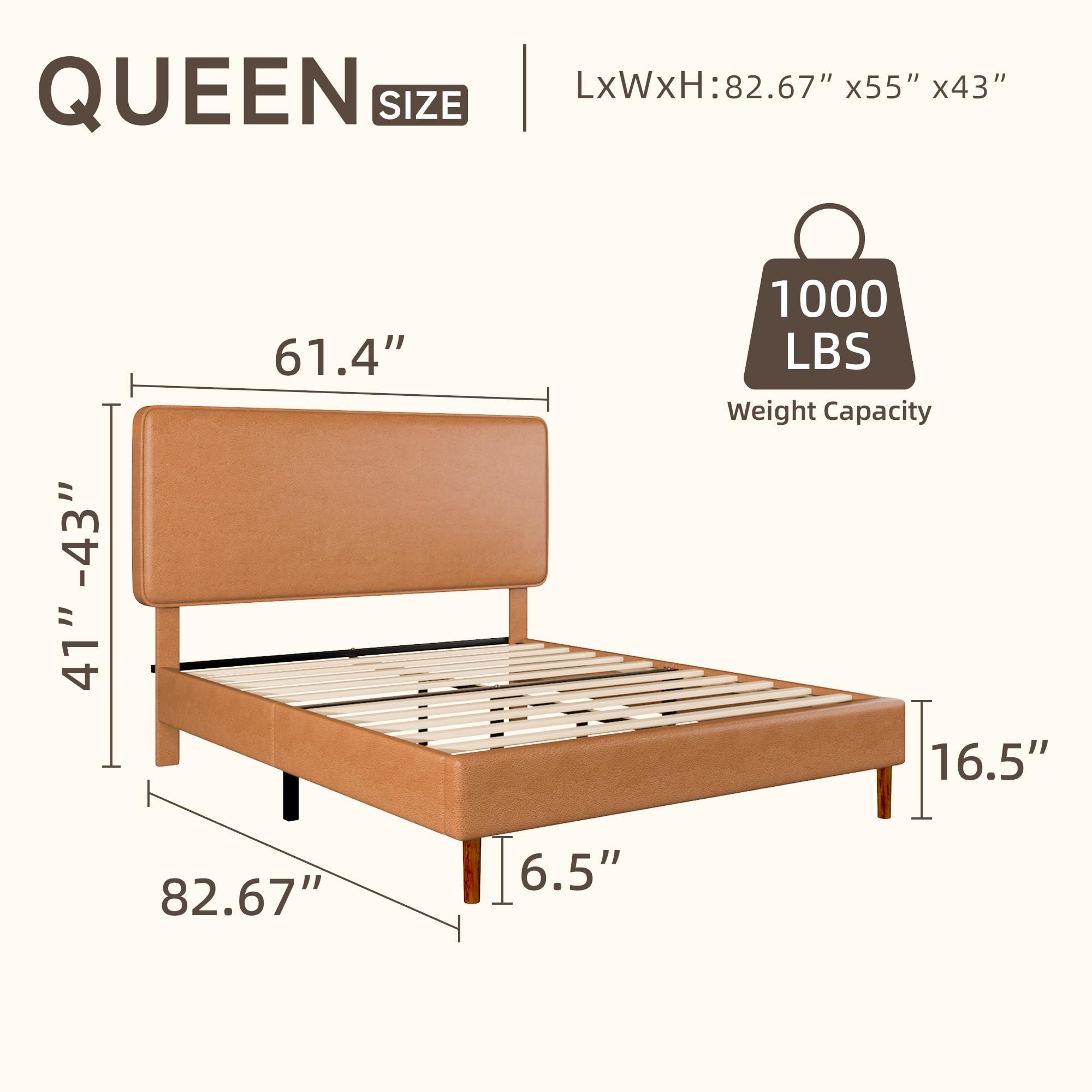 Condition photo showing New/Like New for queen size leather platform bed frame with adjustable upholstered headboard, solid wooden legs, no box spring needed, easy assembly, noise free, orange-brown